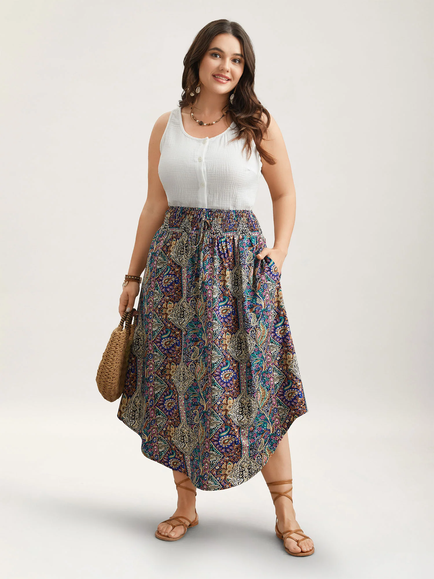 Boho Print Shirred Waist Midi Skirt - Image 2