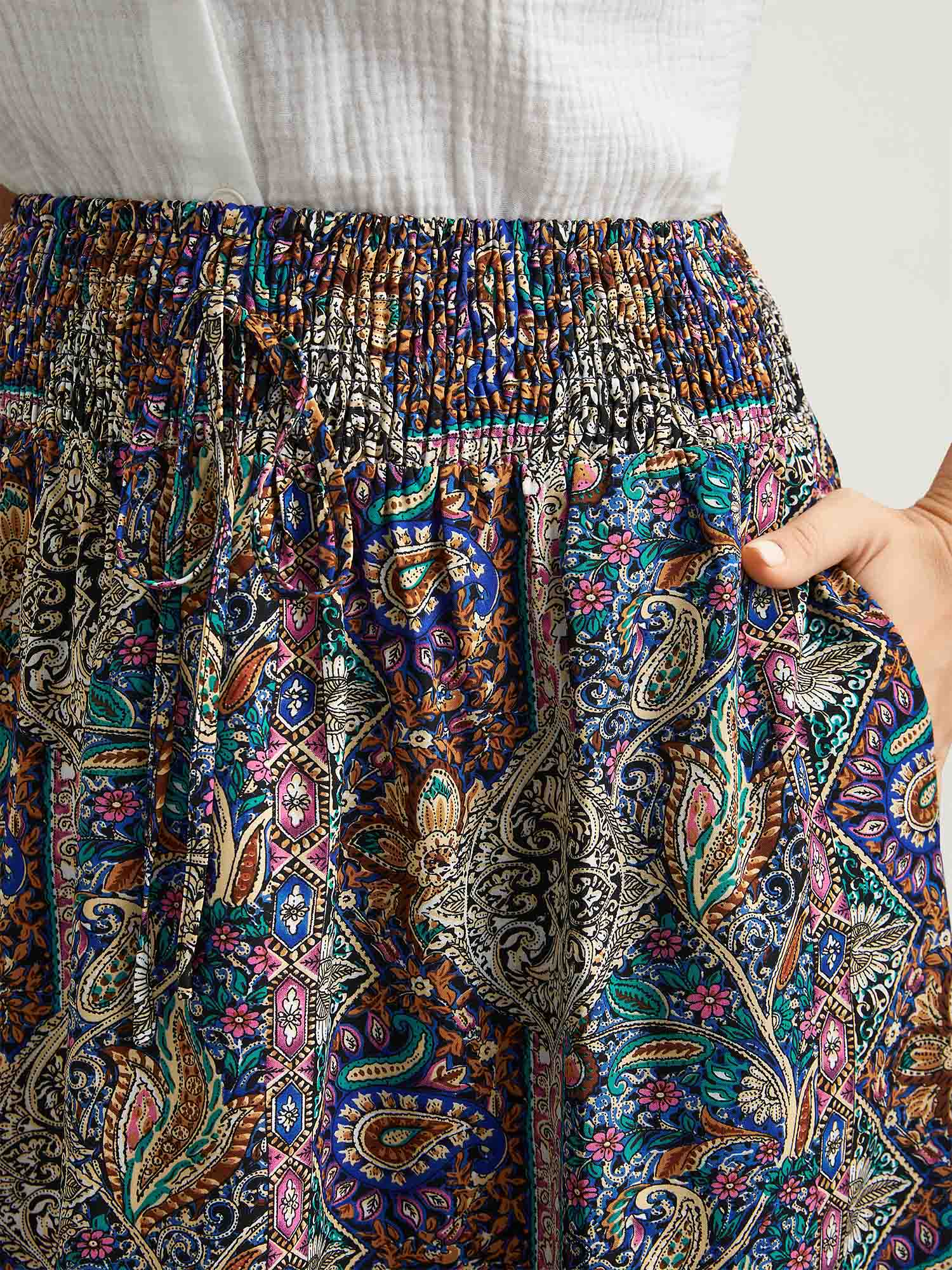 Boho Print Shirred Waist Midi Skirt - Image 3