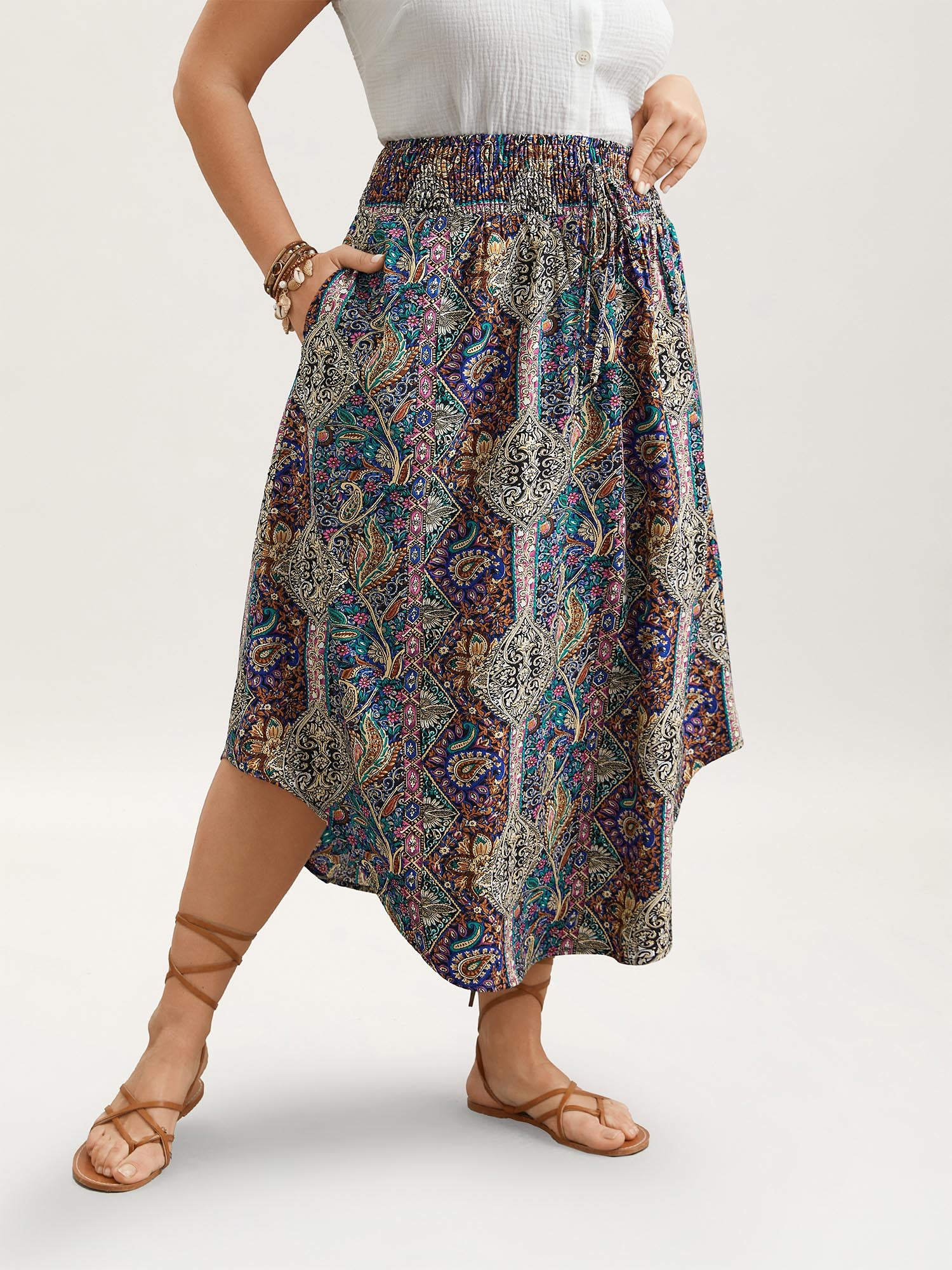 Boho Print Shirred Waist Midi Skirt - Image 4