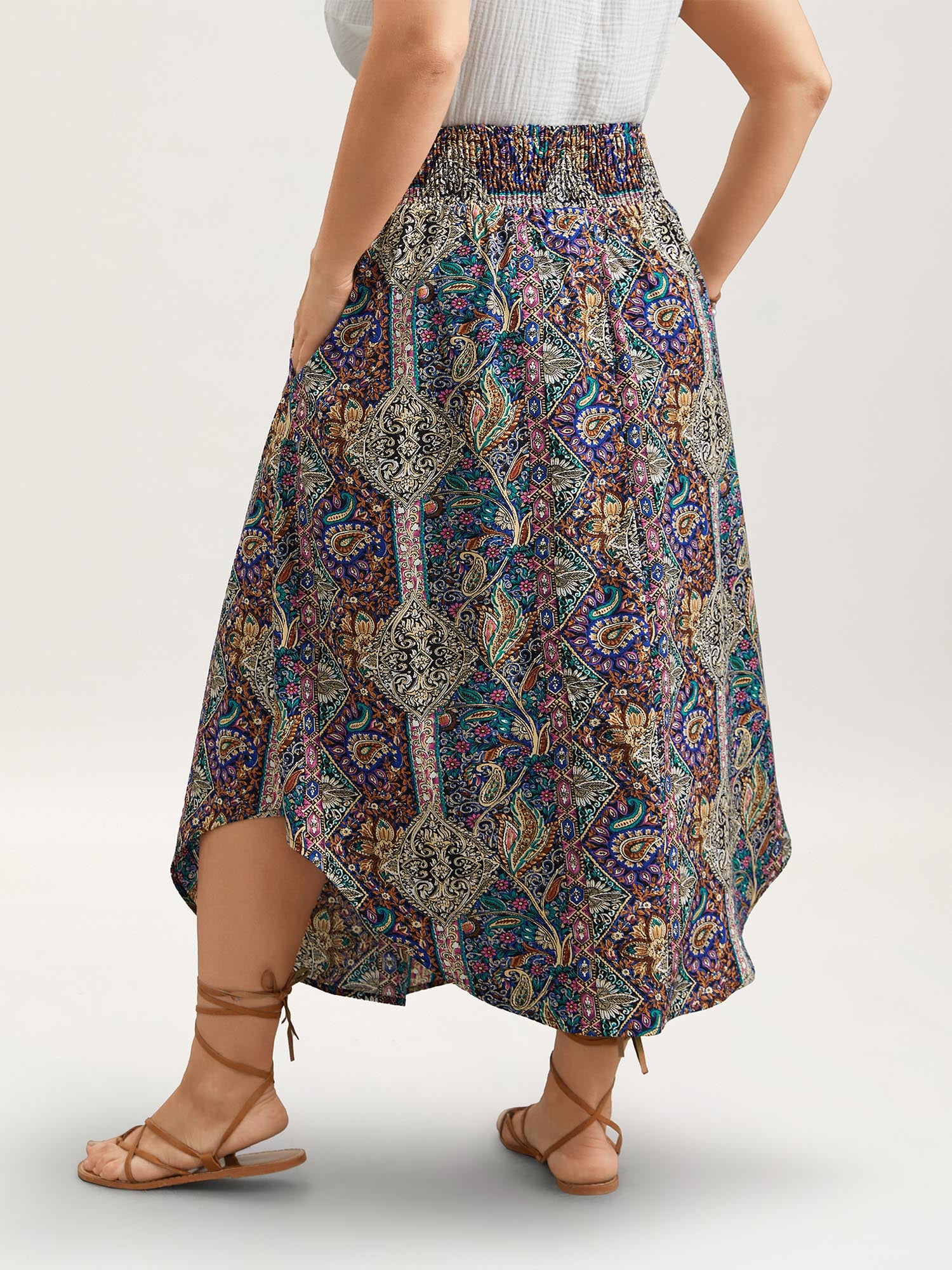Boho Print Shirred Waist Midi Skirt - Image 5