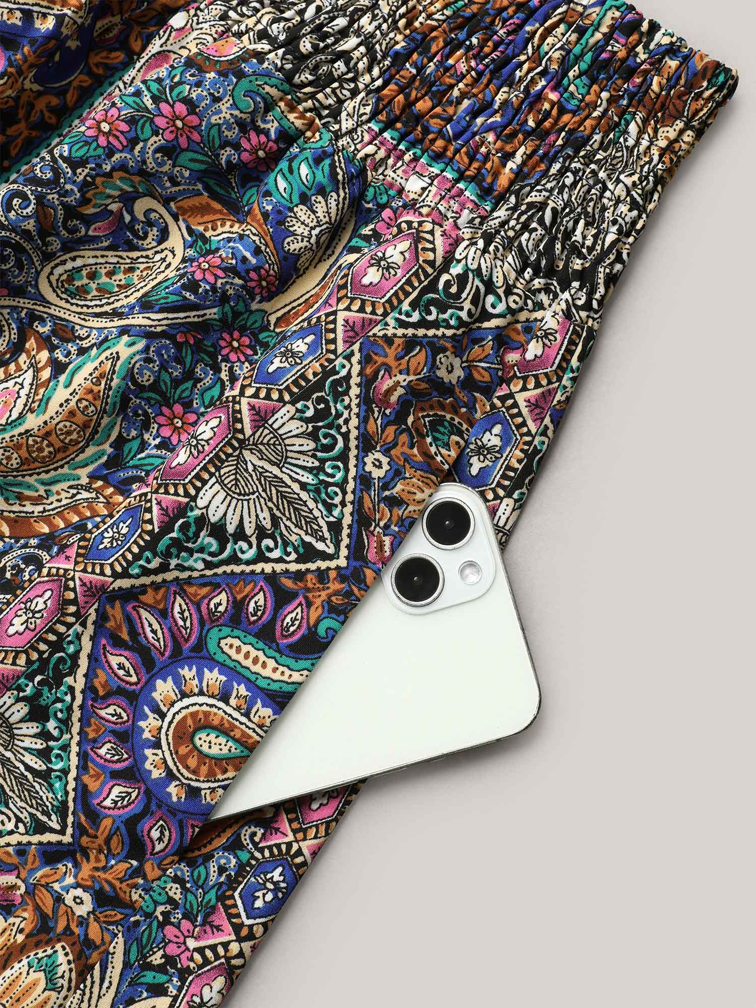 Boho Print Shirred Waist Midi Skirt - Image 6