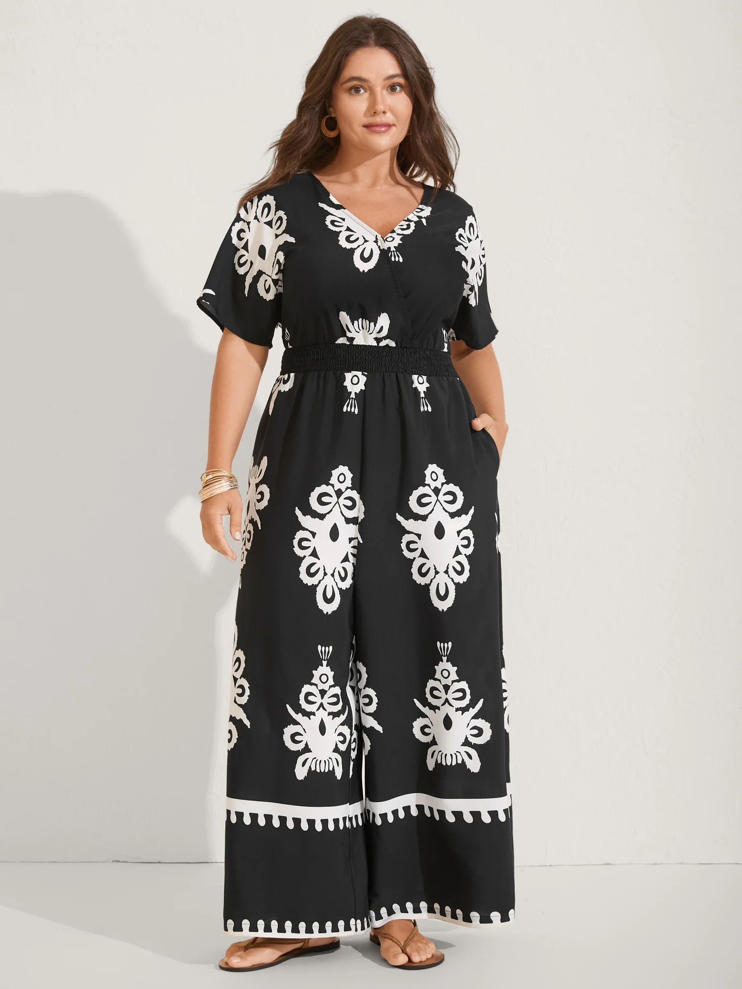 Boho Print Shirred Waist Surplice Jumpsuit - Image 3