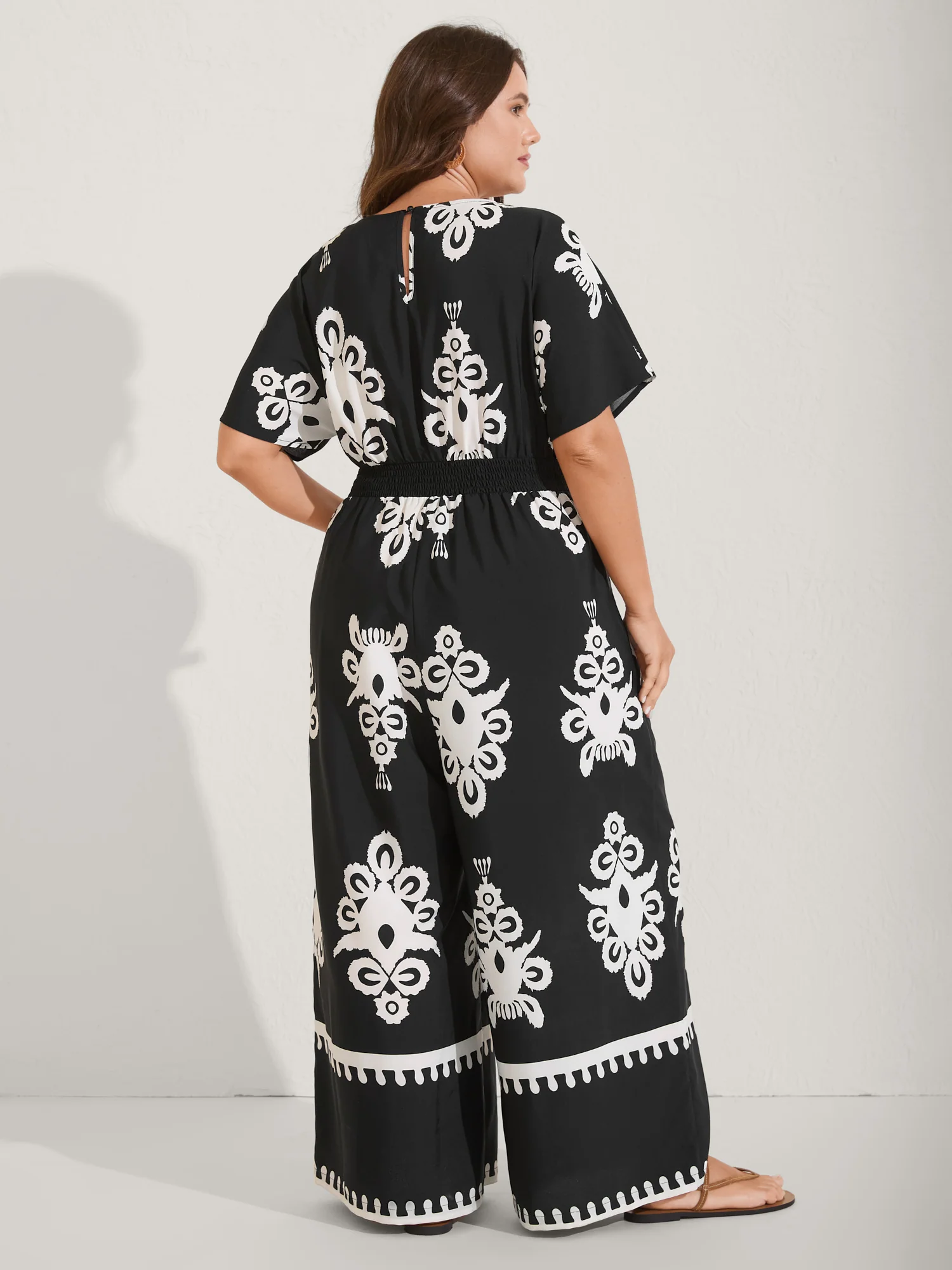 Boho Print Shirred Waist Surplice Jumpsuit - Image 4
