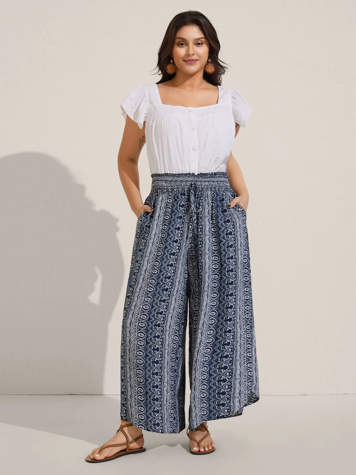 Boho Print Shirred Waist Wide-Leg Pants - Image 2