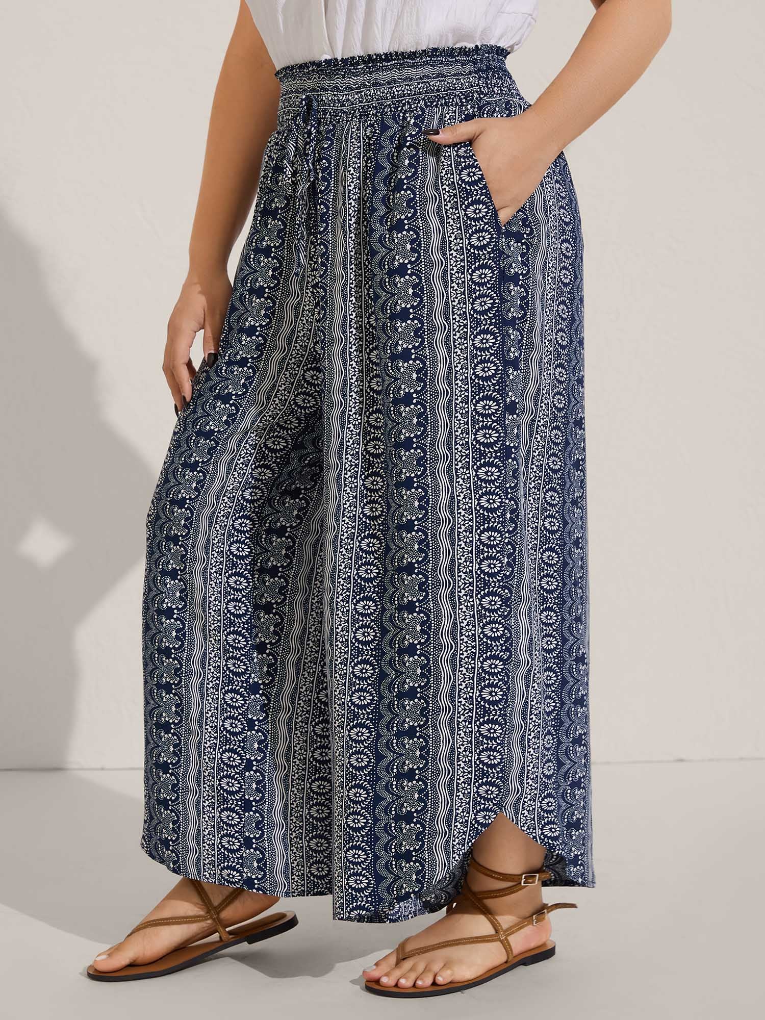 Boho Print Shirred Waist Wide-Leg Pants - Image 3