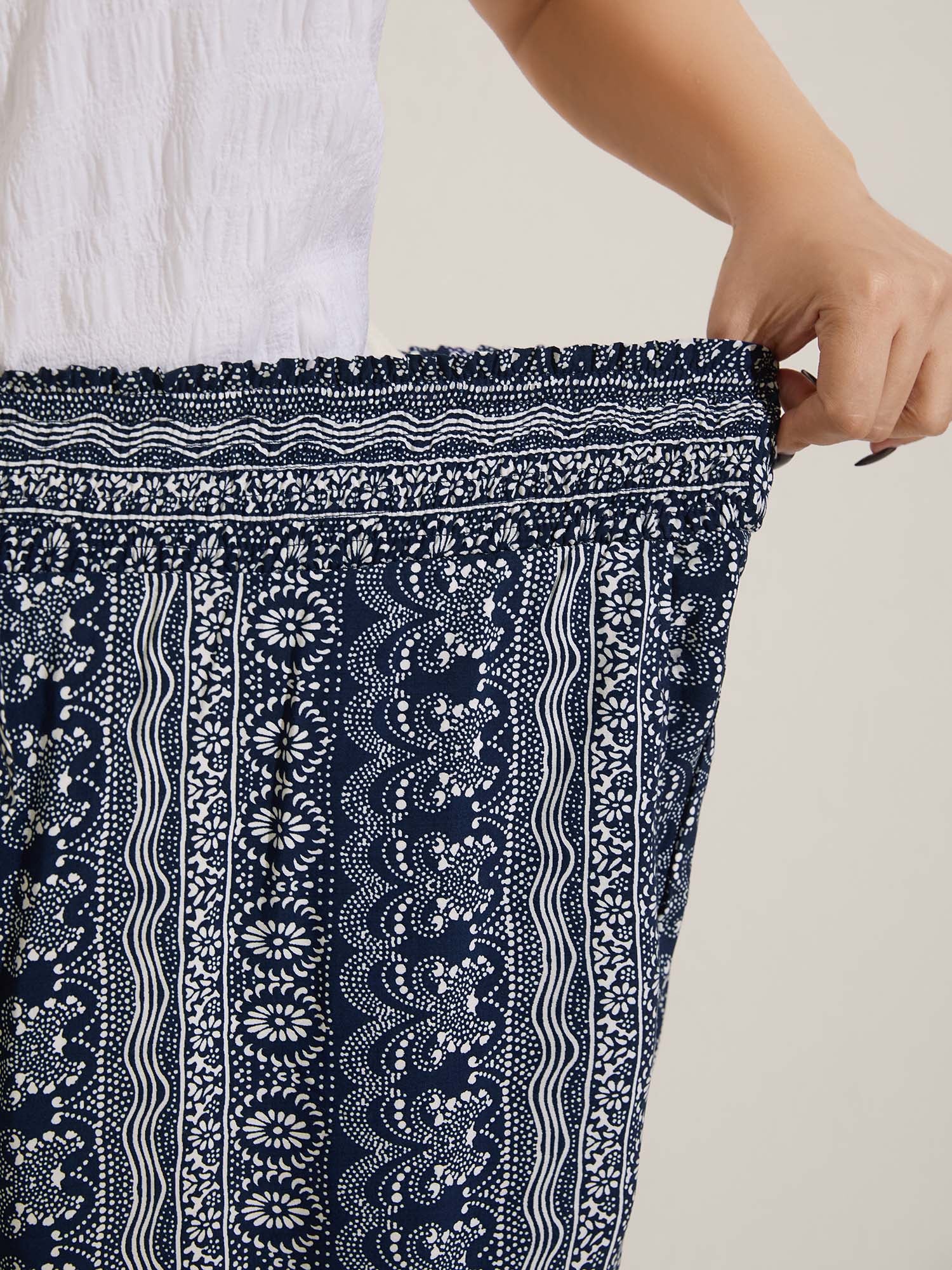 Boho Print Shirred Waist Wide-Leg Pants - Image 4