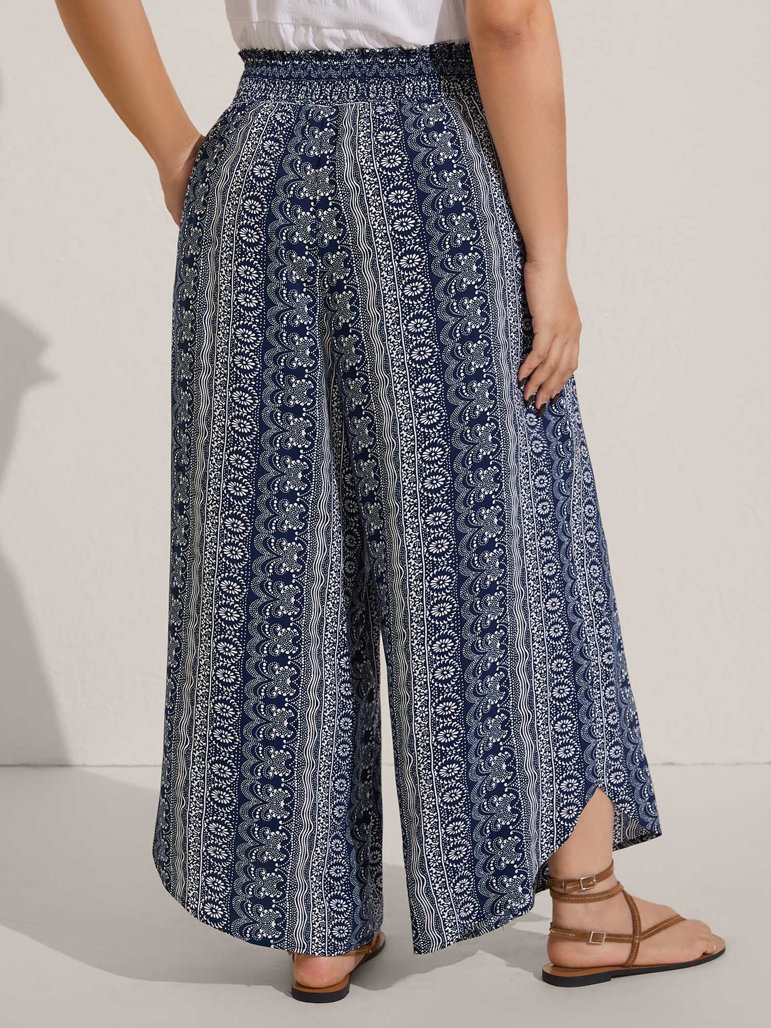 Boho Print Shirred Waist Wide-Leg Pants - Image 5