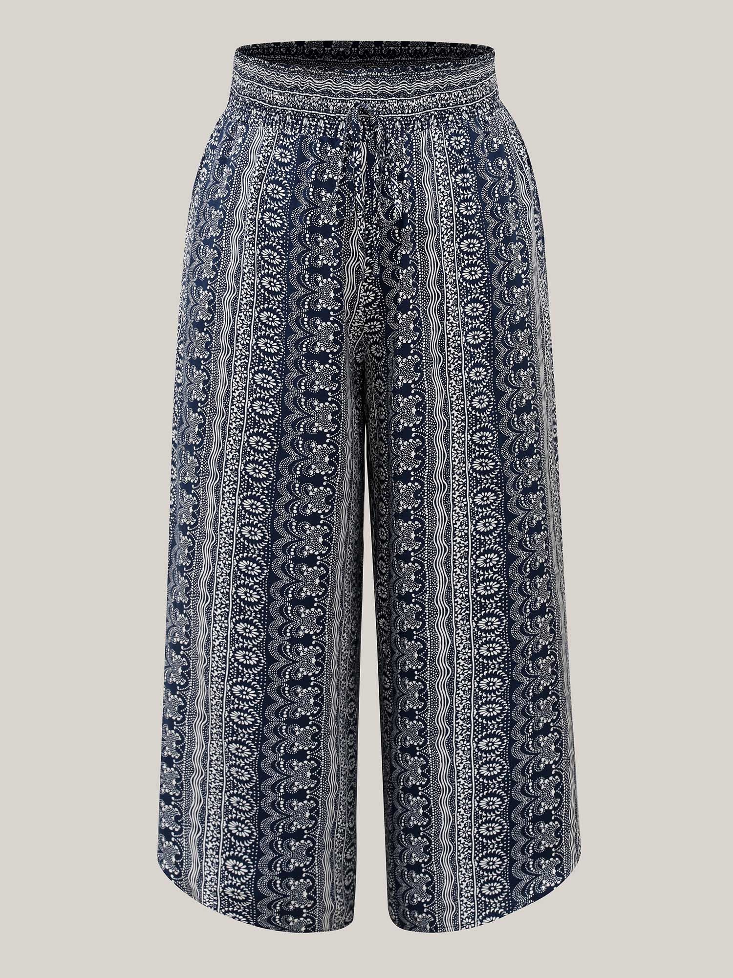 Boho Print Shirred Waist Wide-Leg Pants - Image 8