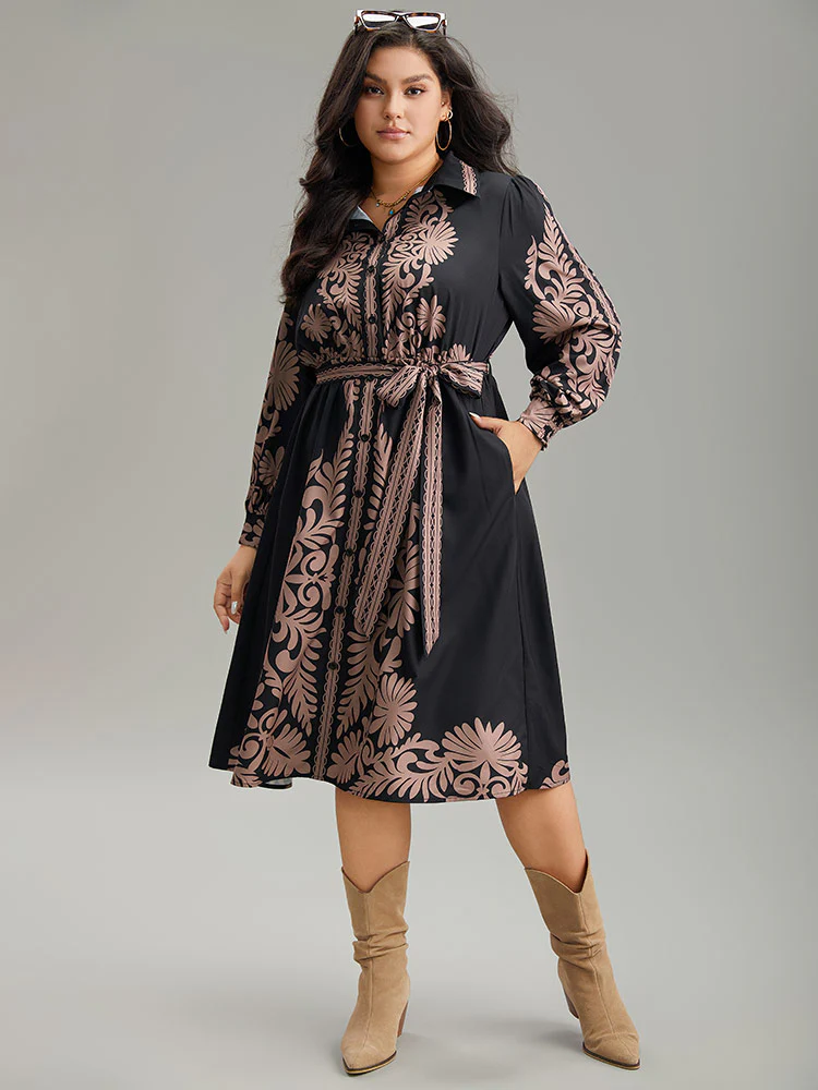 Boho Print Shirt Collar Belted Dress - Image 2