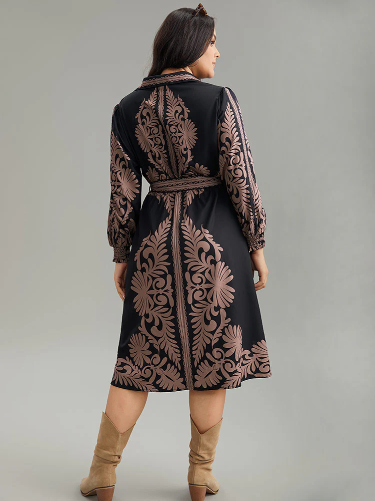 Boho Print Shirt Collar Belted Dress - Image 3