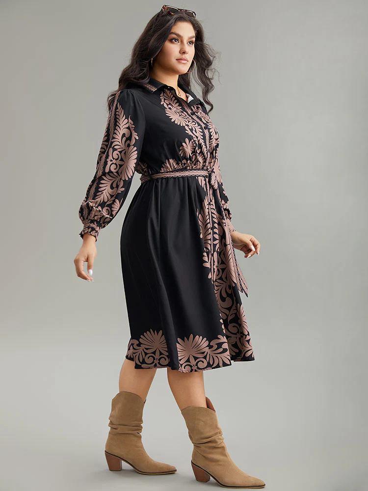 Boho Print Shirt Collar Belted Dress - Image 4