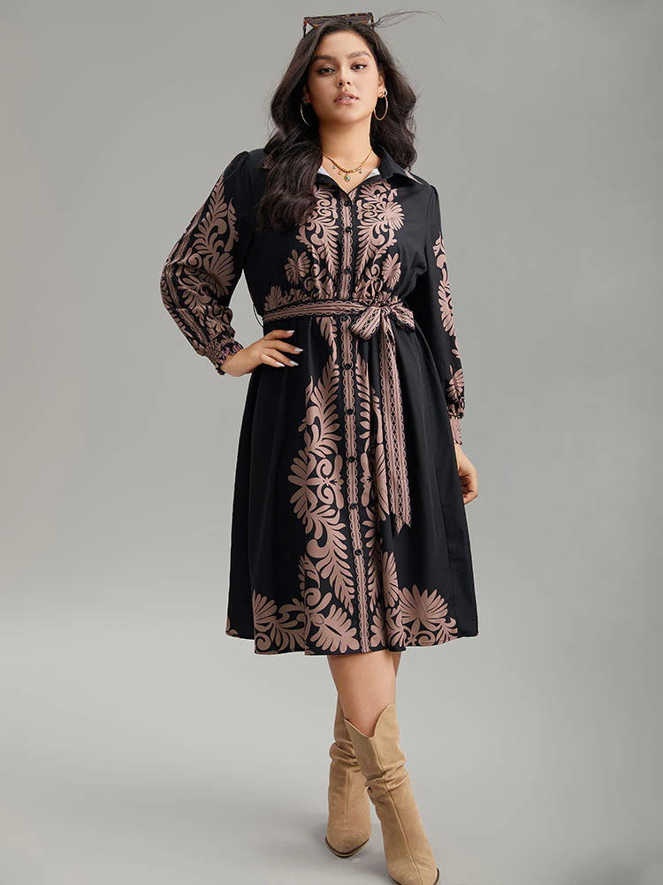 Boho Print Shirt Collar Belted Dress - Image 5