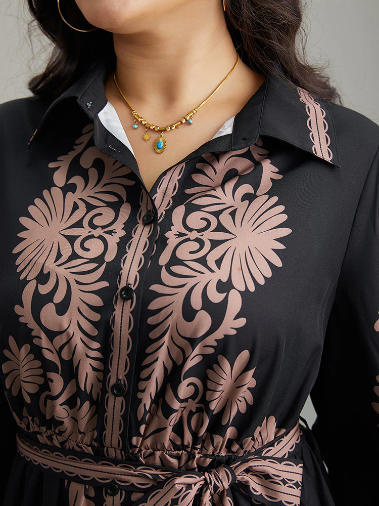 Boho Print Shirt Collar Belted Dress - Image 6