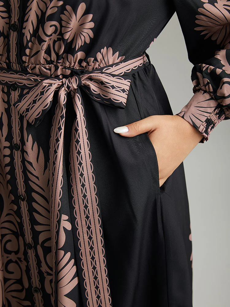 Boho Print Shirt Collar Belted Dress - Image 7