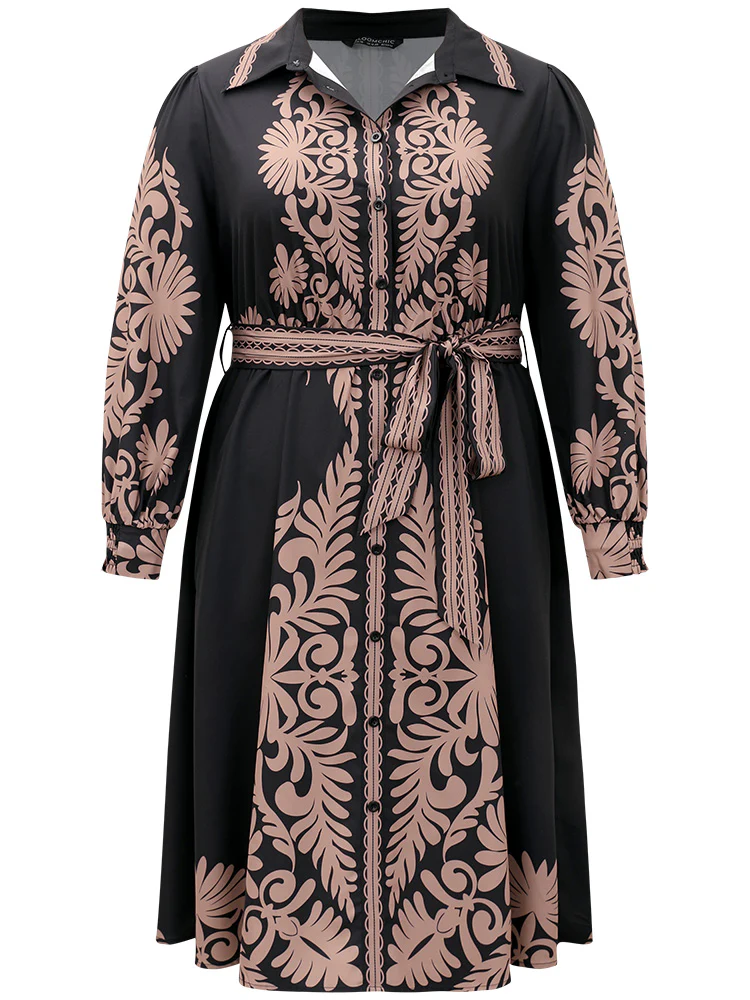 Boho Print Shirt Collar Belted Dress - Image 8
