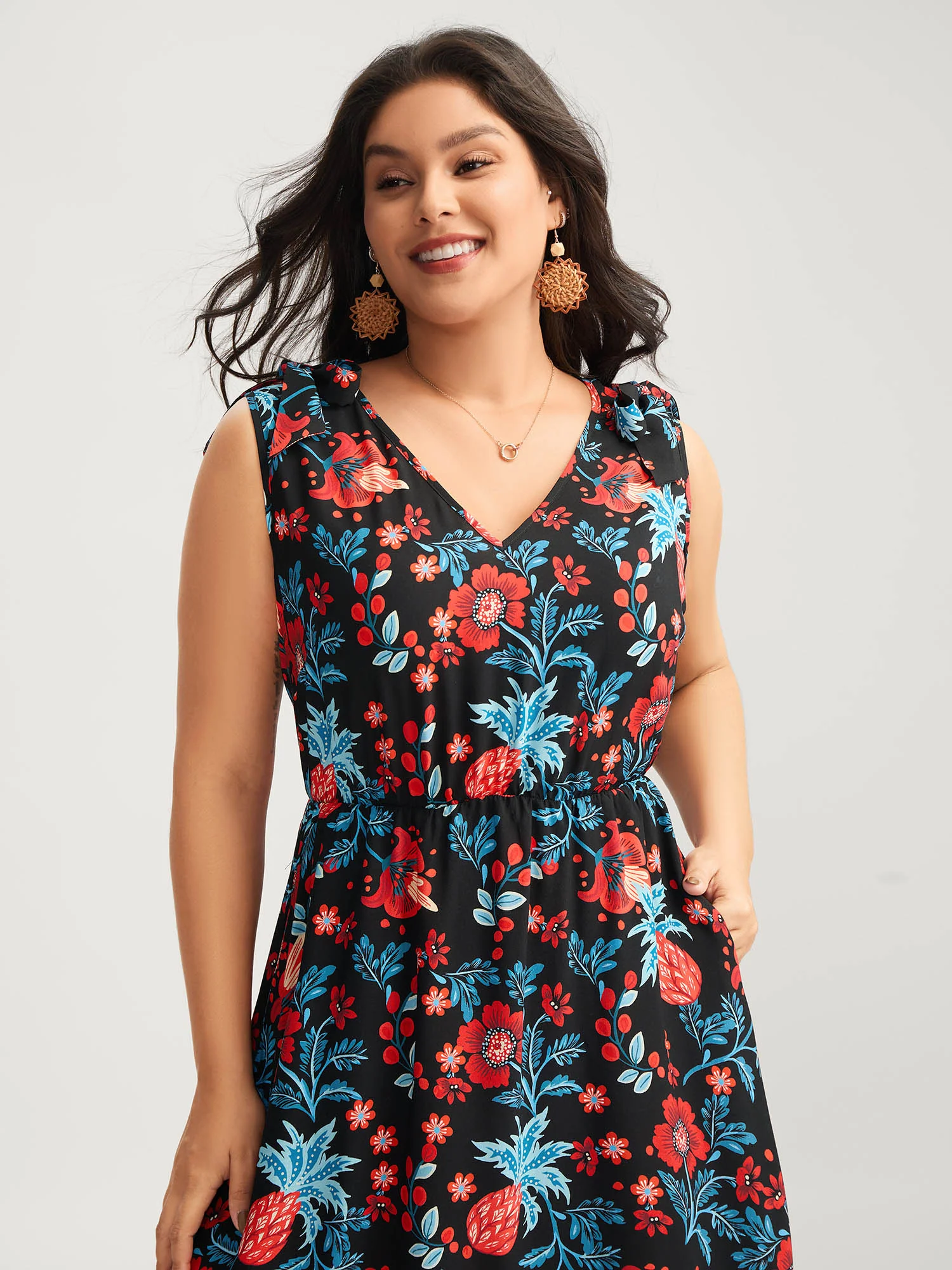 Boho Print Shoulder Tie Midi Dress - Image 2