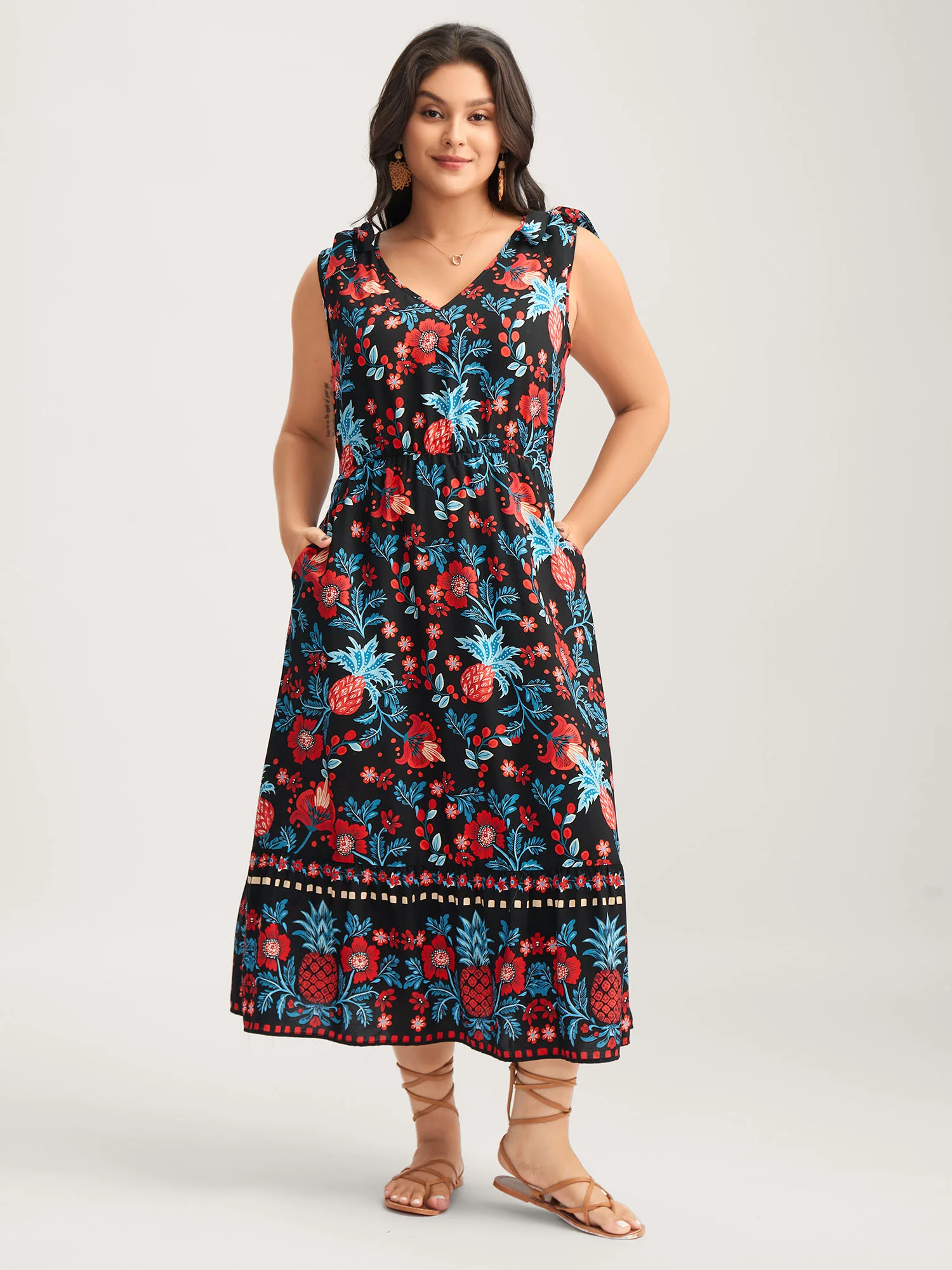 Boho Print Shoulder Tie Midi Dress - Image 3