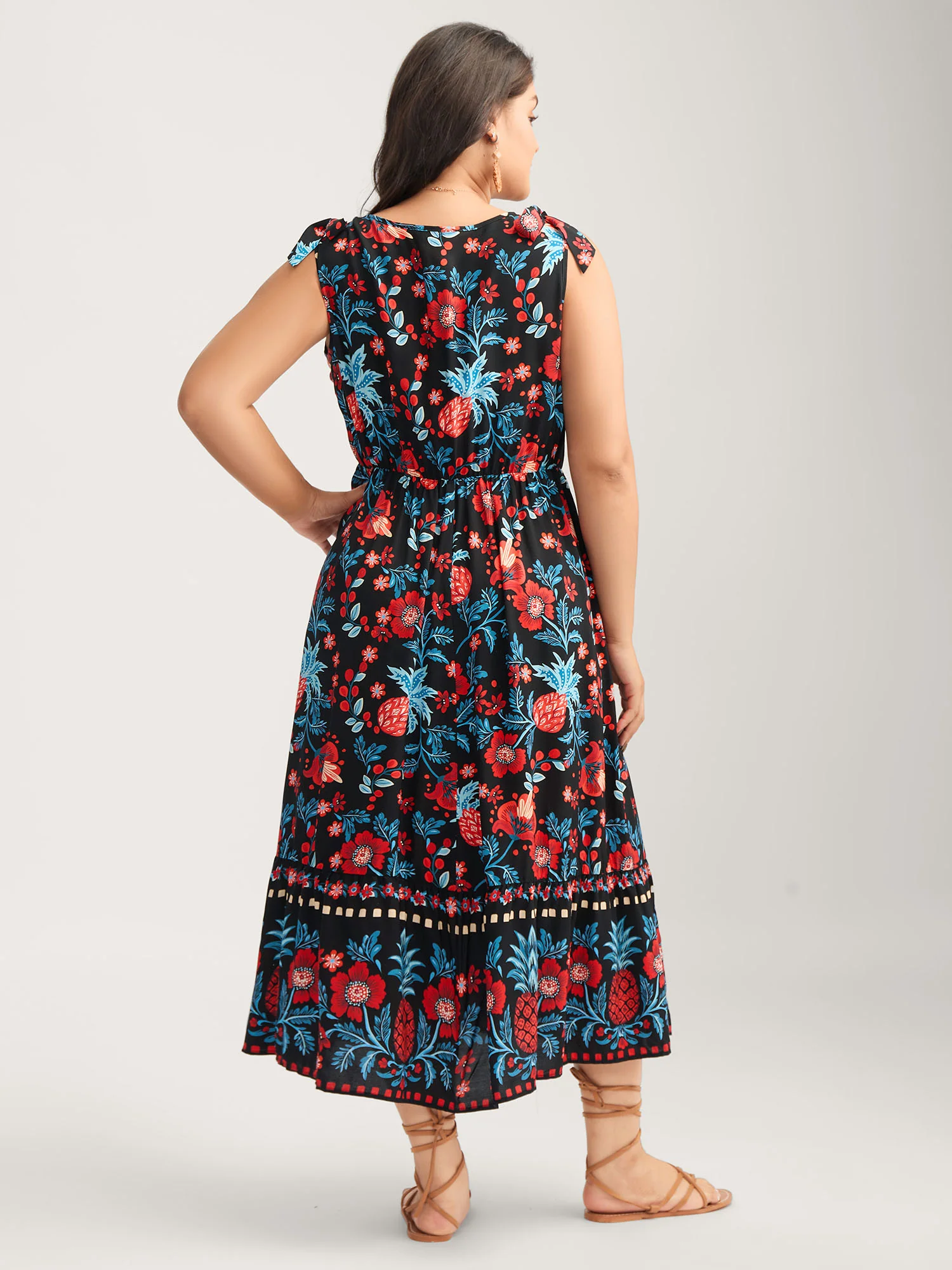 Boho Print Shoulder Tie Midi Dress - Image 4