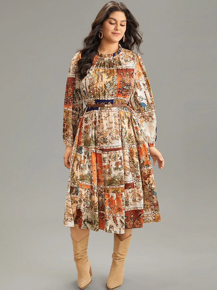 Boho Print Stand Collar Pleated Lantern Sleeve Dress - Image 3