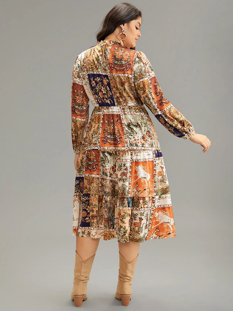 Boho Print Stand Collar Pleated Lantern Sleeve Dress - Image 4