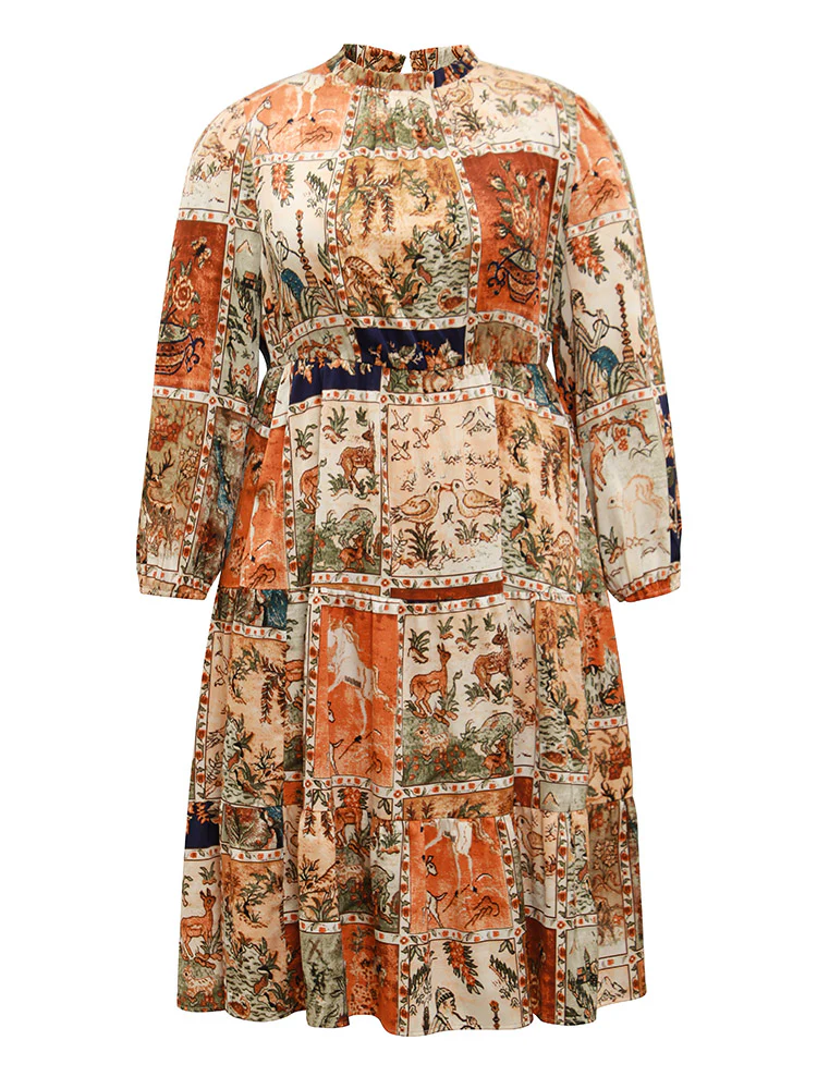 Boho Print Stand Collar Pleated Lantern Sleeve Dress - Image 6