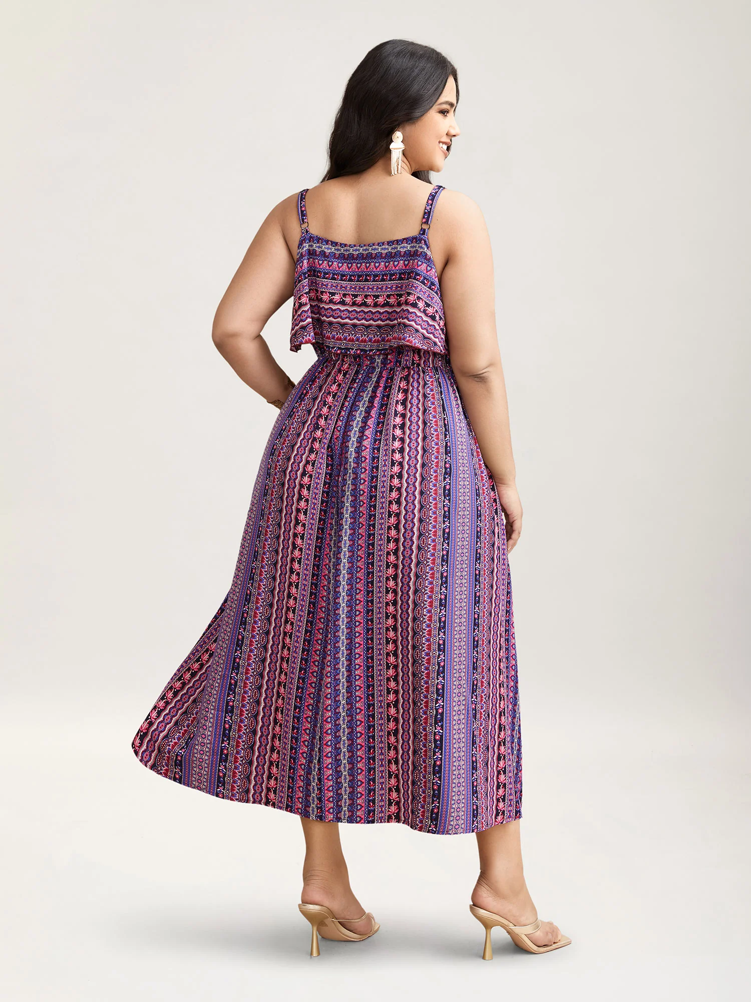 Boho Print Stretchy Waist Pockets Midi Dress - Image 4
