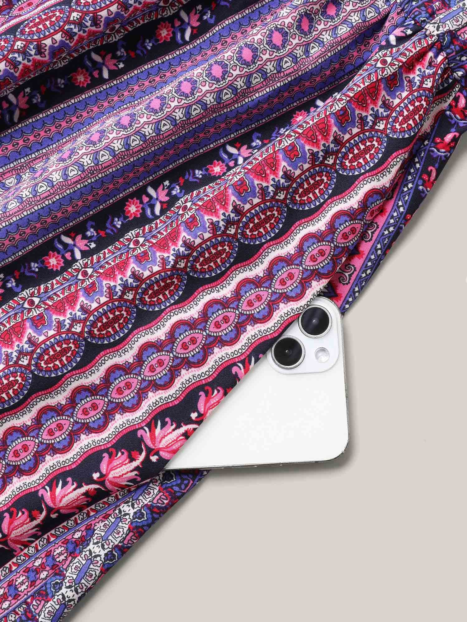 Boho Print Stretchy Waist Pockets Midi Dress - Image 5