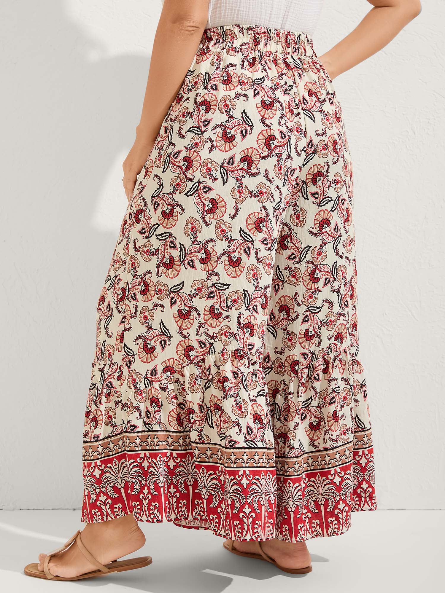 Boho Print Stretchy Waist Wide-Leg Pants - Image 4