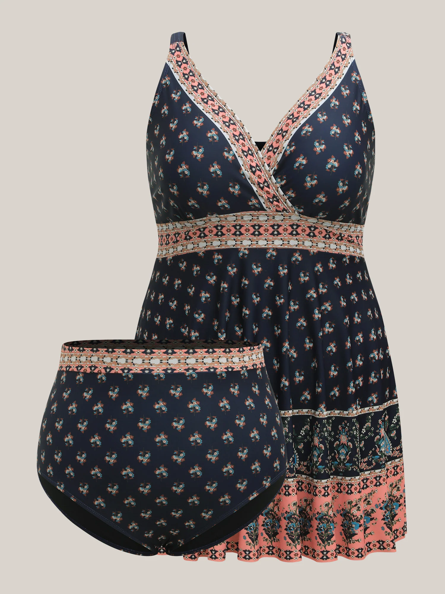 Boho Print Surplice Neck Contrast Swim Dress - Image 11