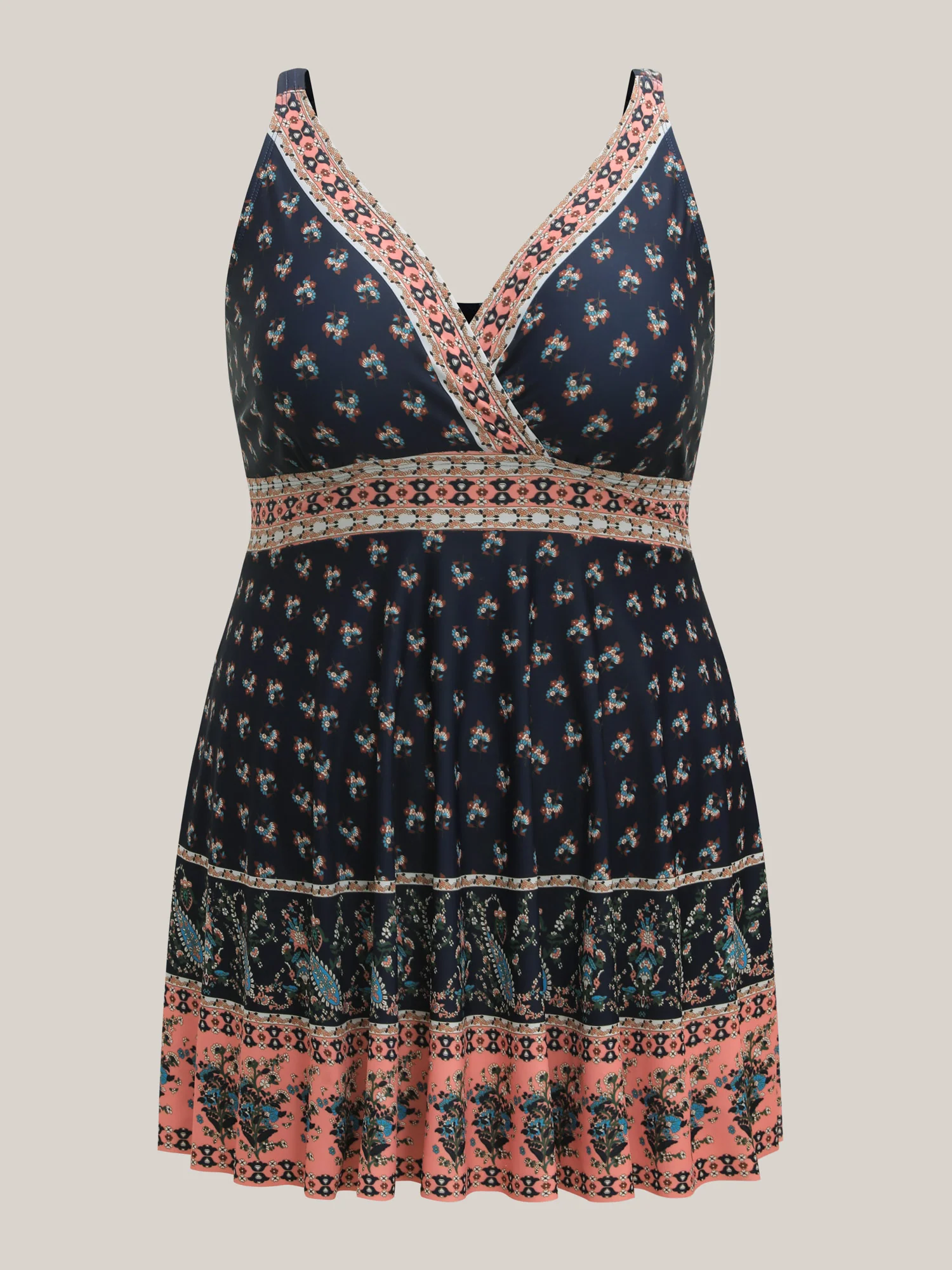 Boho Print Surplice Neck Contrast Swim Dress - Image 12