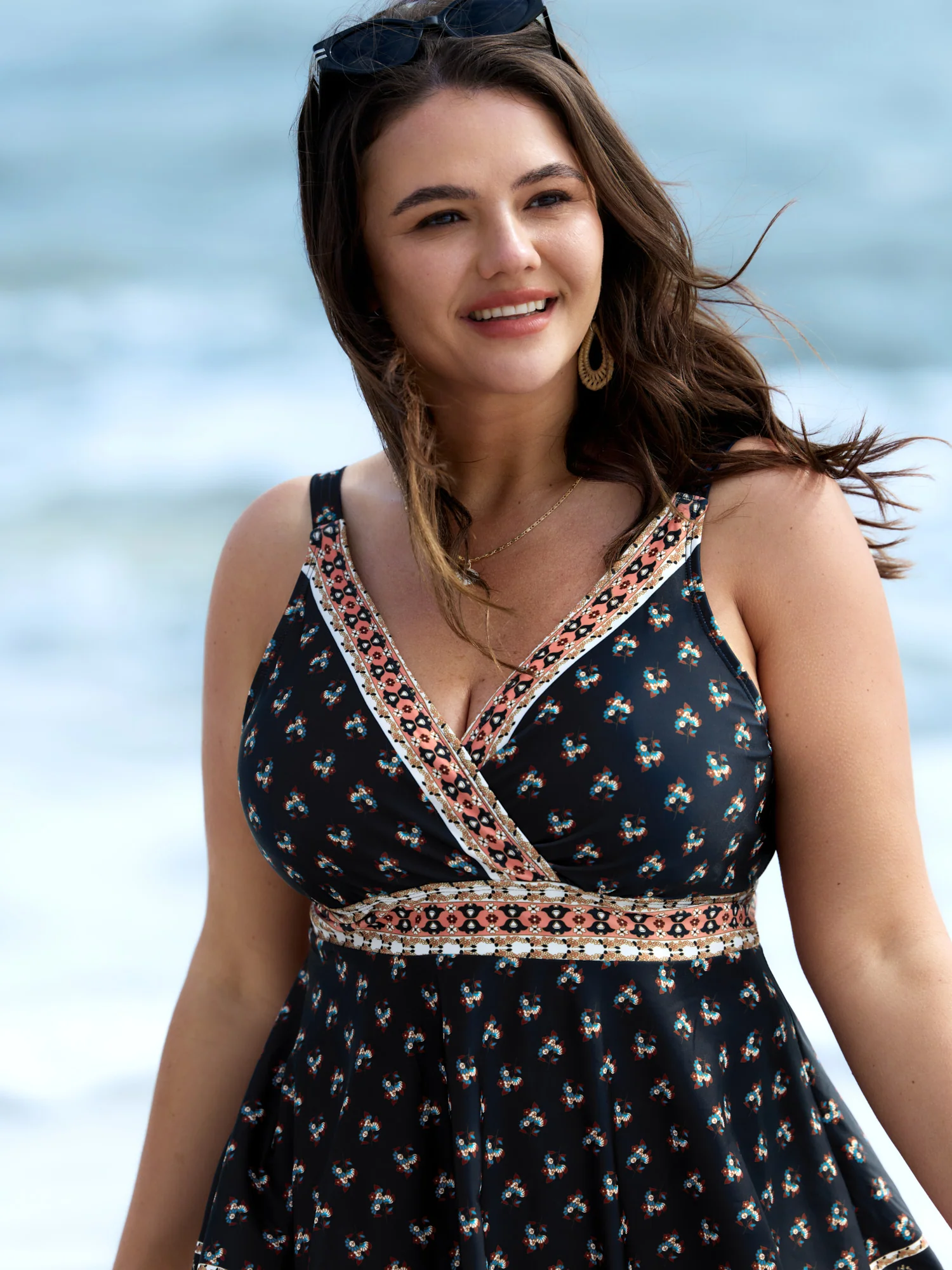 Boho Print Surplice Neck Contrast Swim Dress - Image 2