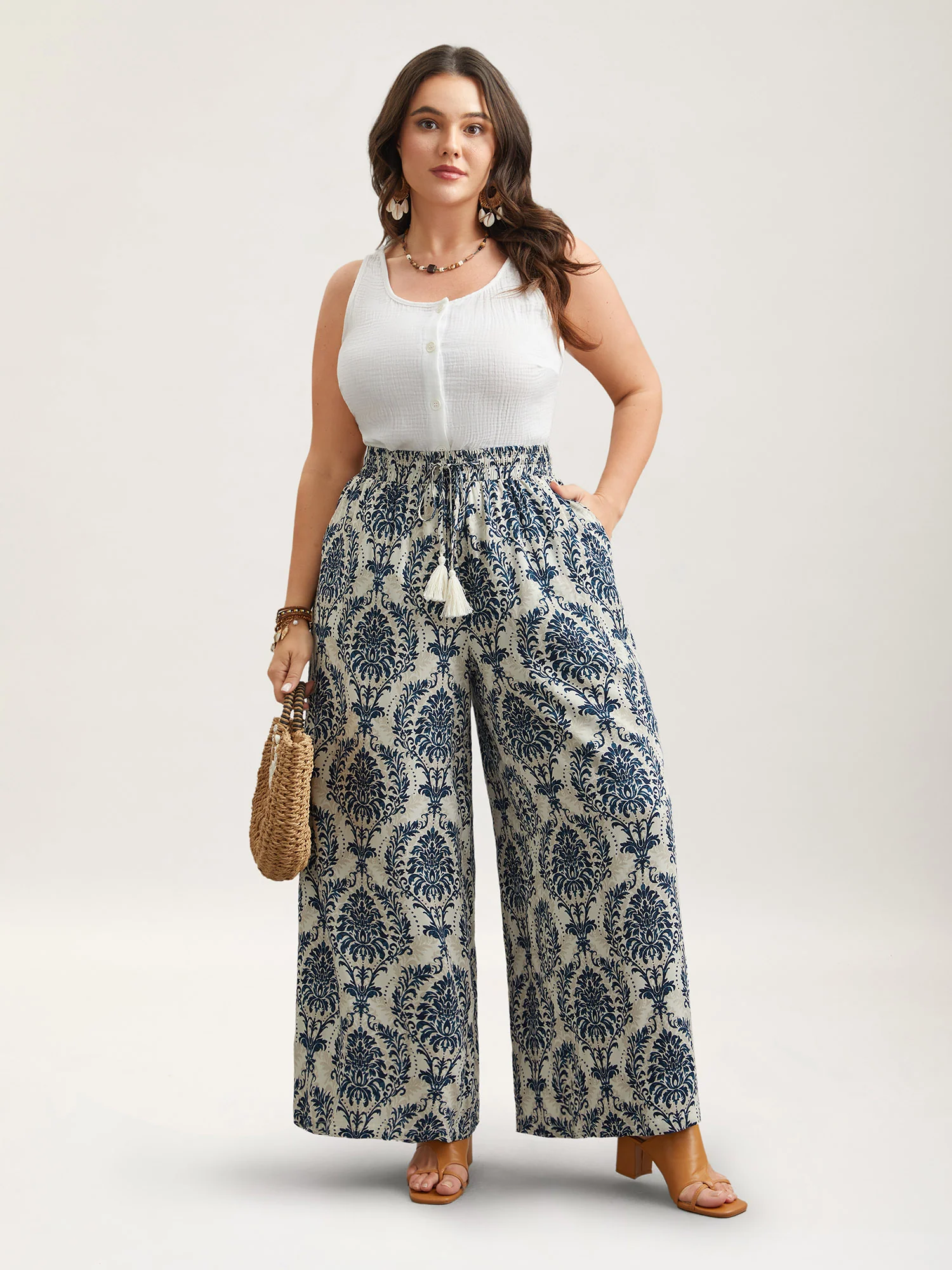 Damask Print Tassel Straight-Leg Pants - Image 2