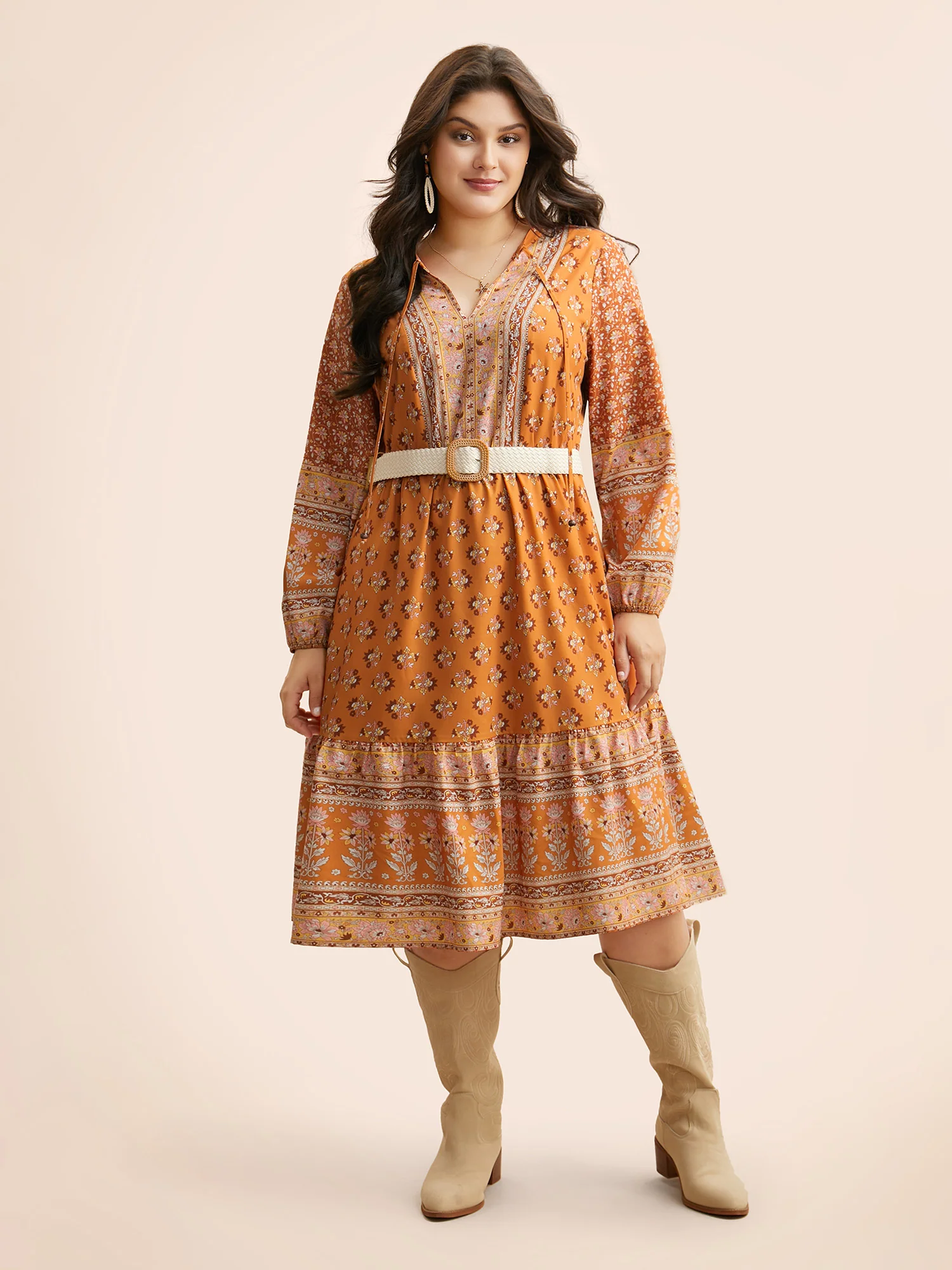 Boho Print Tie Knot Midi Dress - Image 2