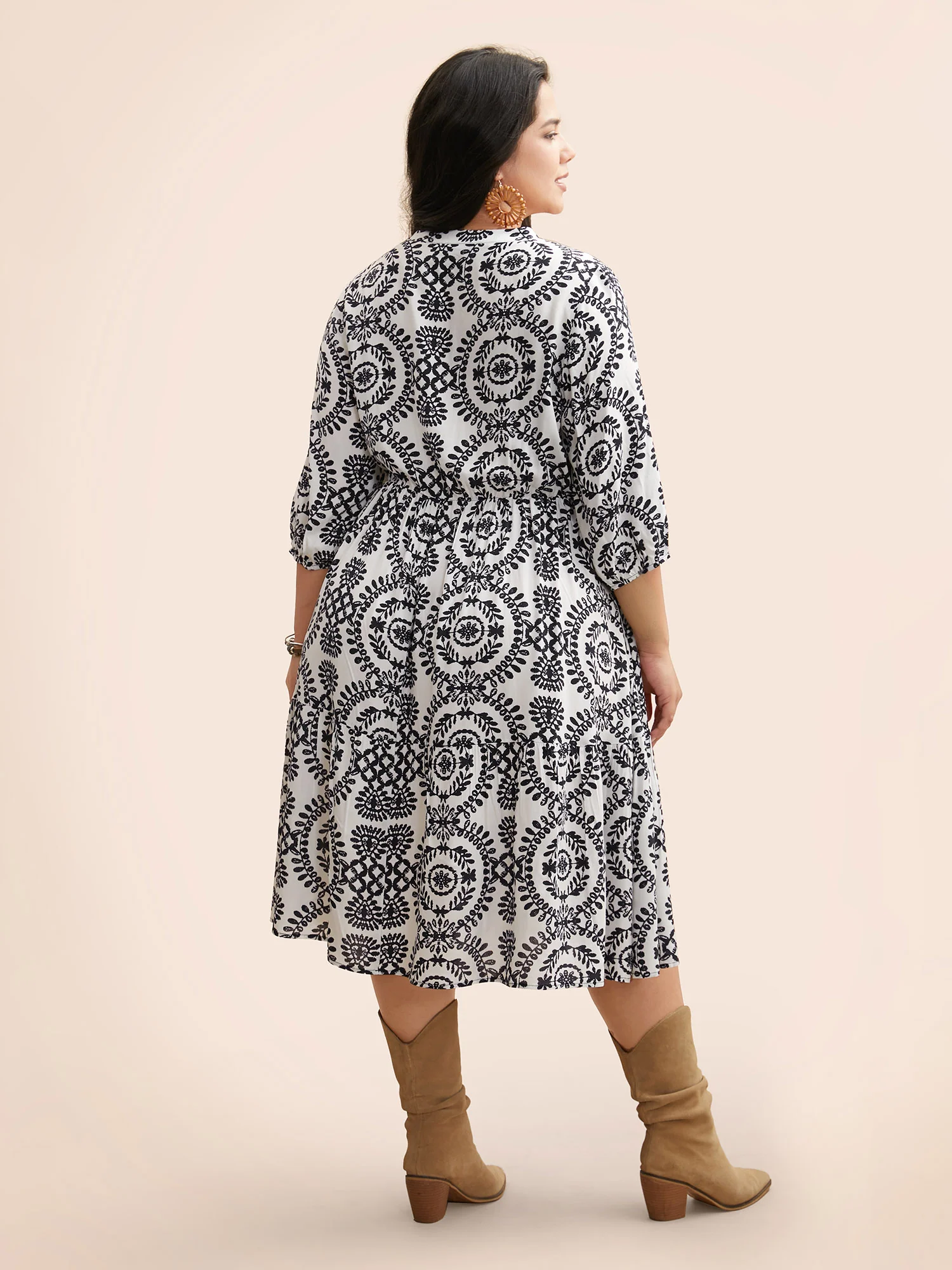 Damask Print Tie Knot Puff Sleeve Dress - Image 14