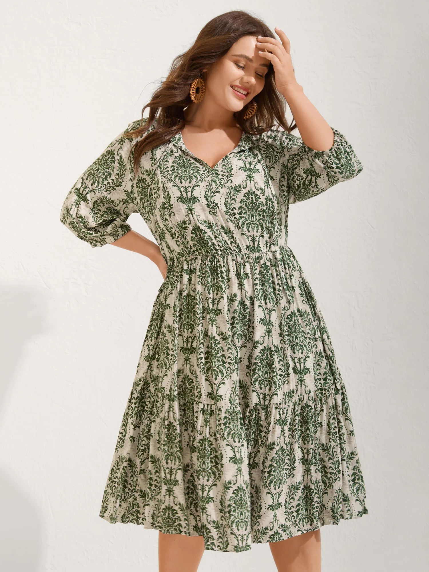 Damask Print Tie Knot Puff Sleeve Dress - Image 15