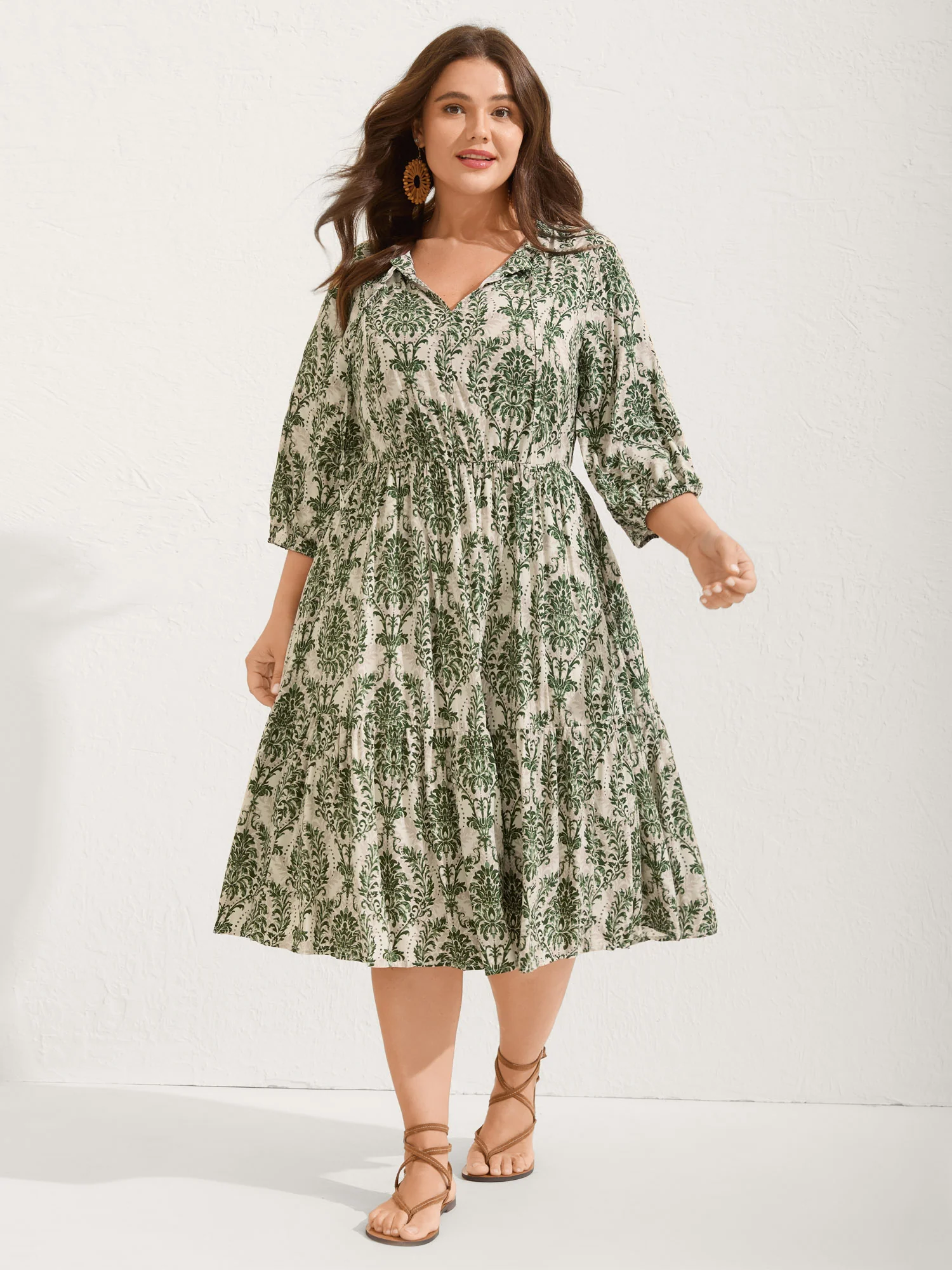 Damask Print Tie Knot Puff Sleeve Dress - Image 17