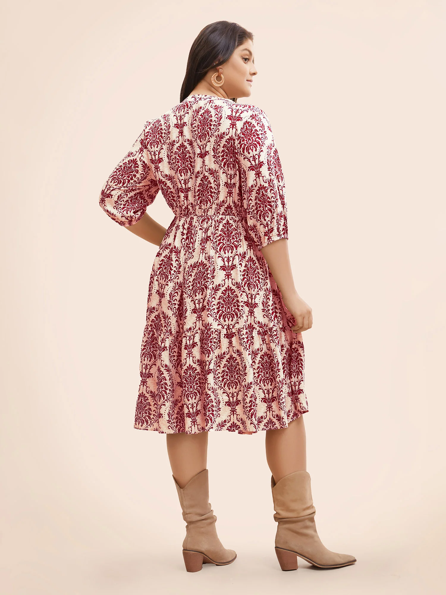 Damask Print Tie Knot Puff Sleeve Dress - Image 21