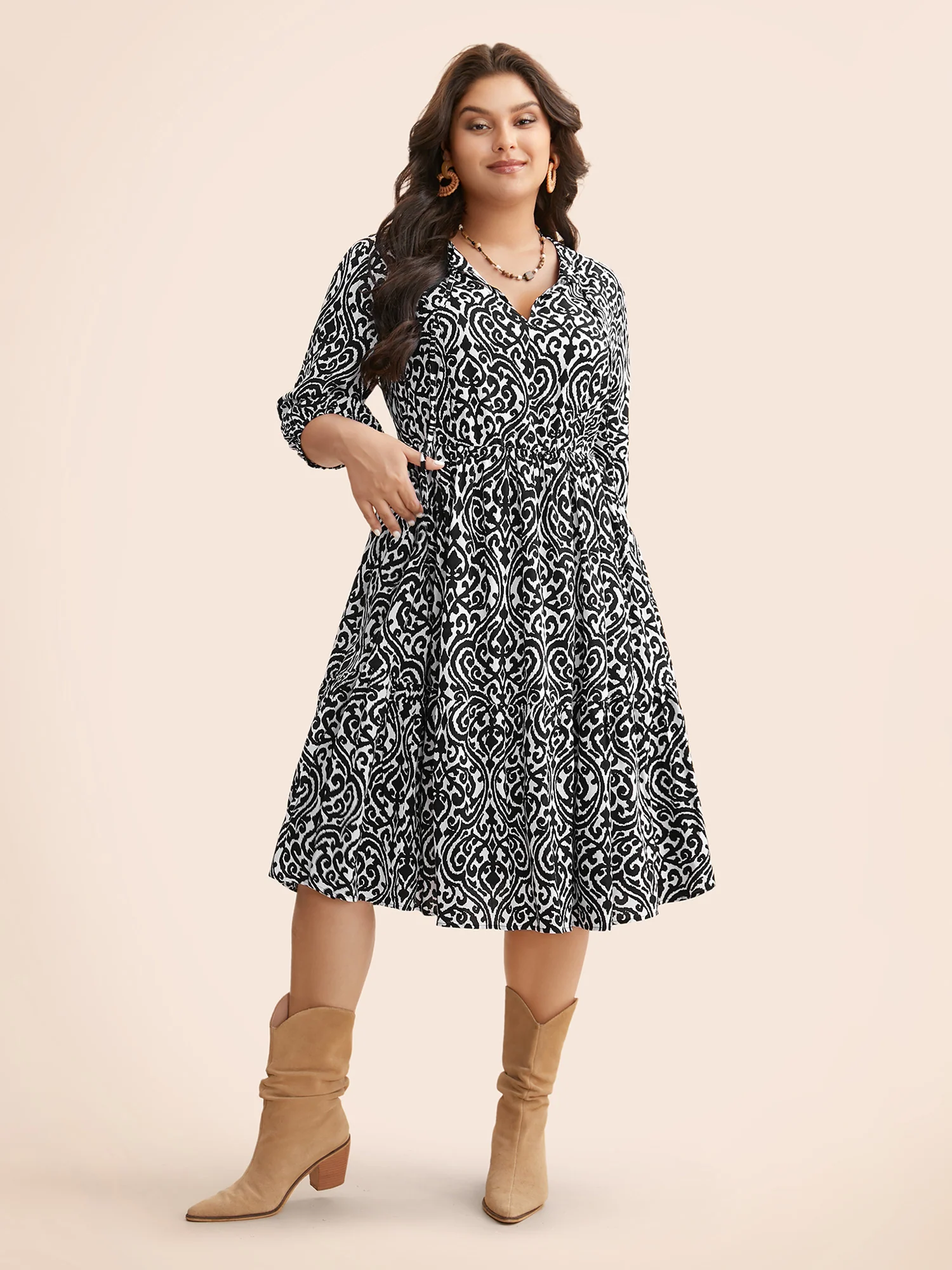 Damask Print Tie Knot Puff Sleeve Dress - Image 27