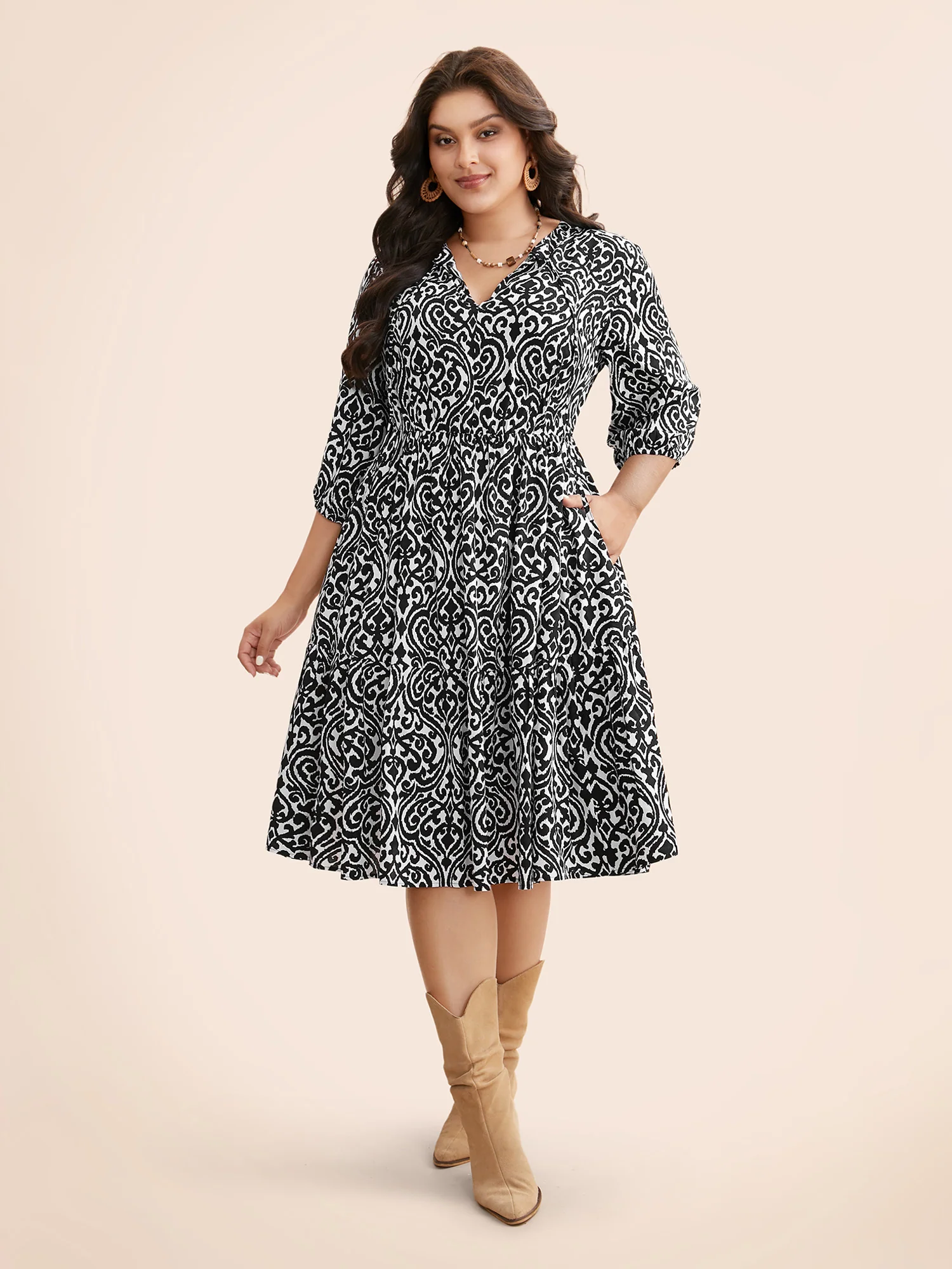 Damask Print Tie Knot Puff Sleeve Dress - Image 29