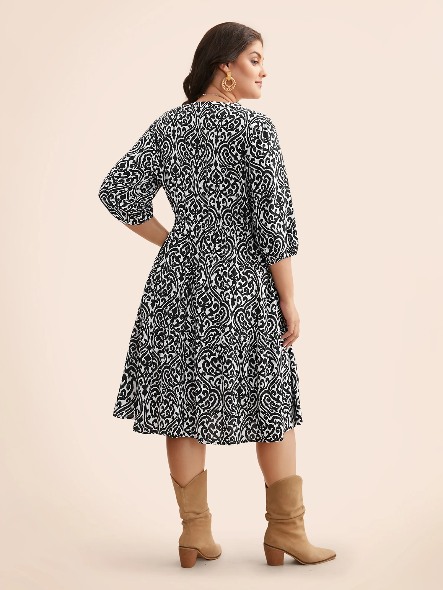Damask Print Tie Knot Puff Sleeve Dress - Image 30