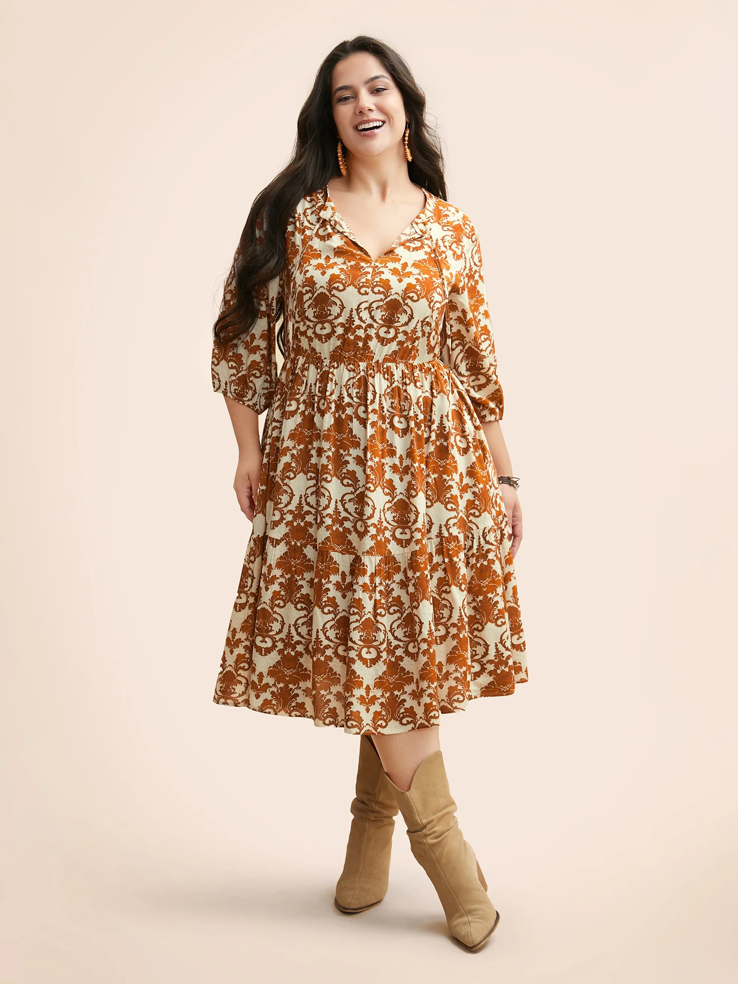 Damask Print Tie Knot Puff Sleeve Dress - Image 31