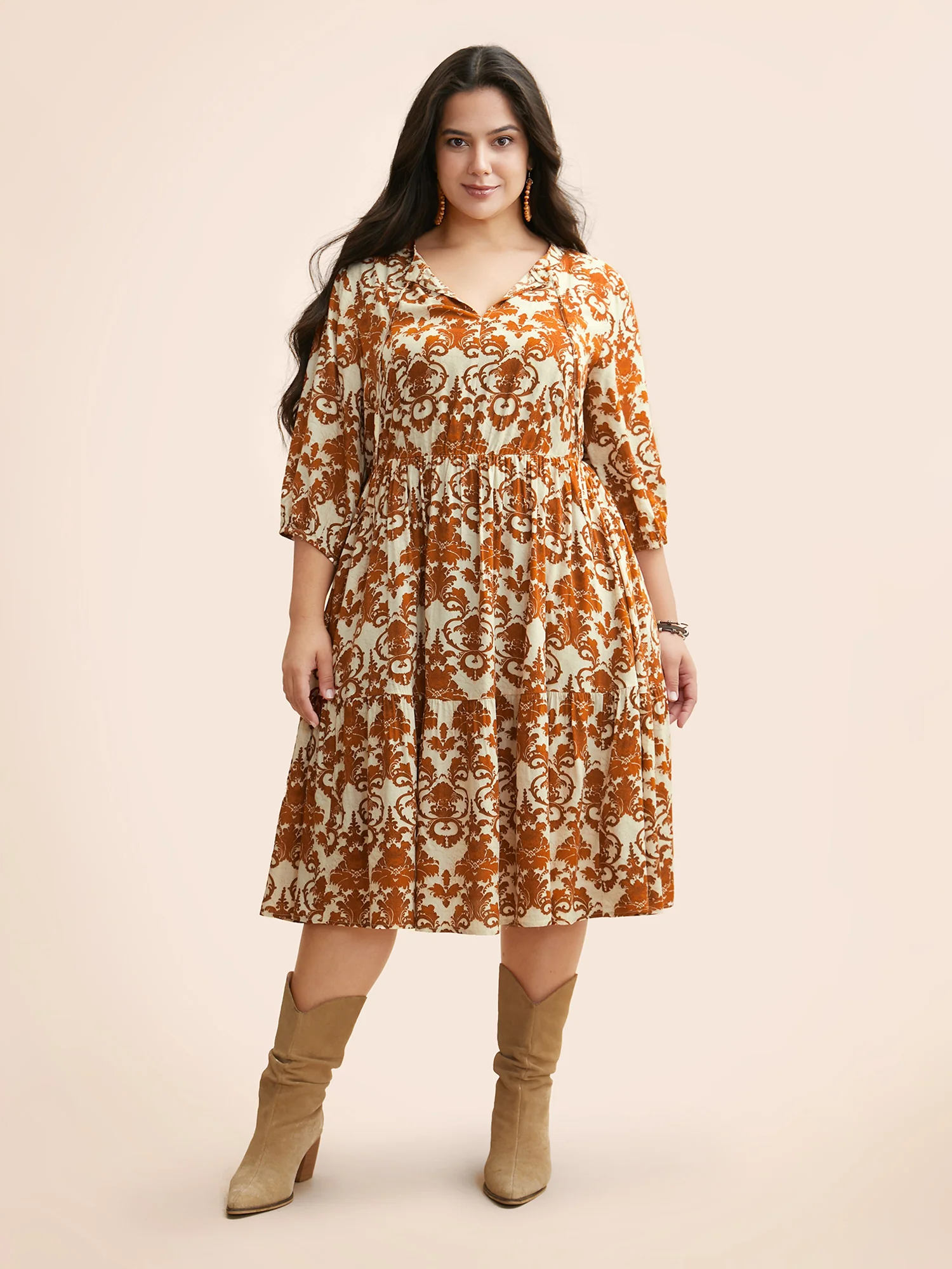 Damask Print Tie Knot Puff Sleeve Dress - Image 32