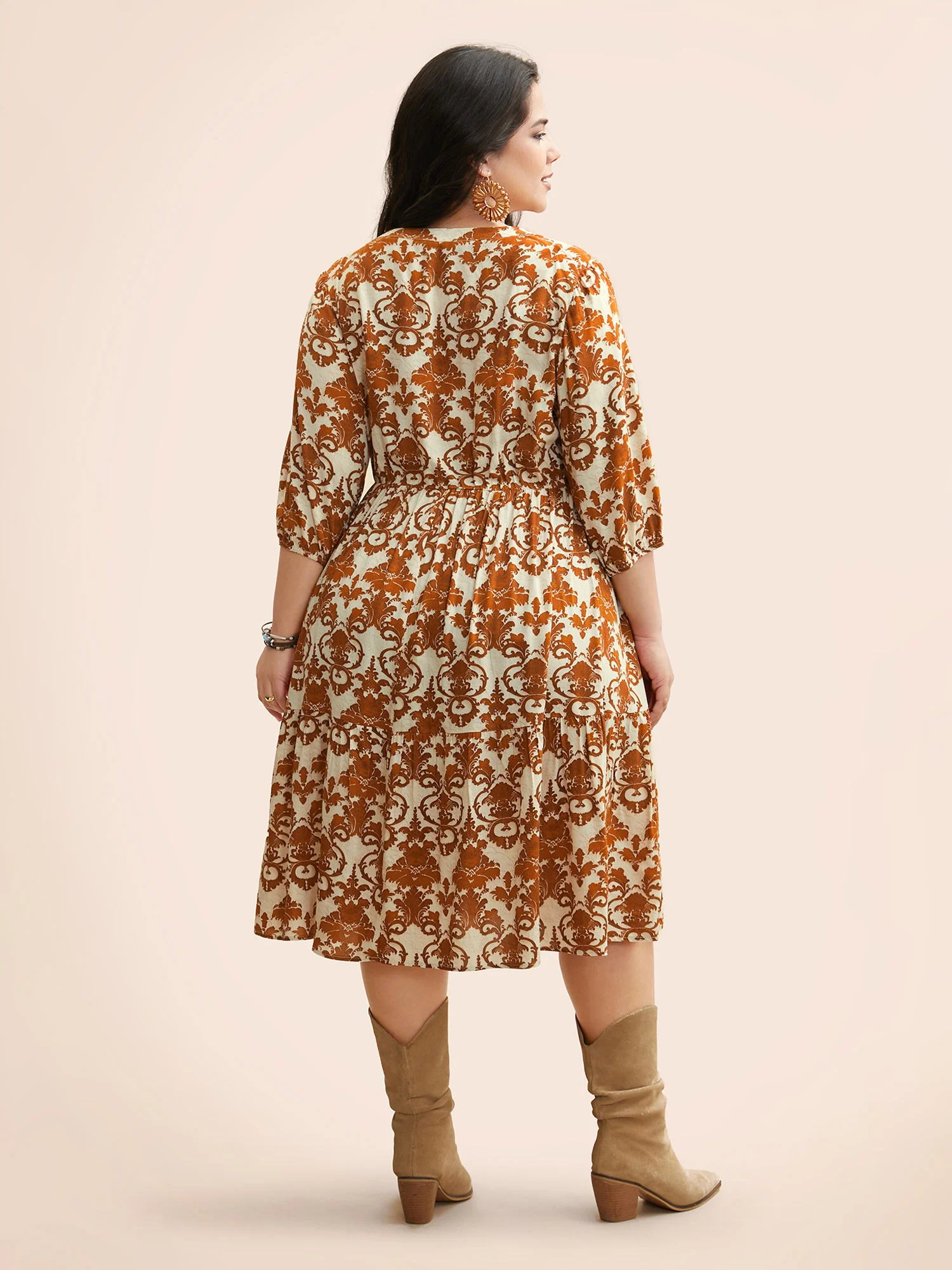 Damask Print Tie Knot Puff Sleeve Dress - Image 33