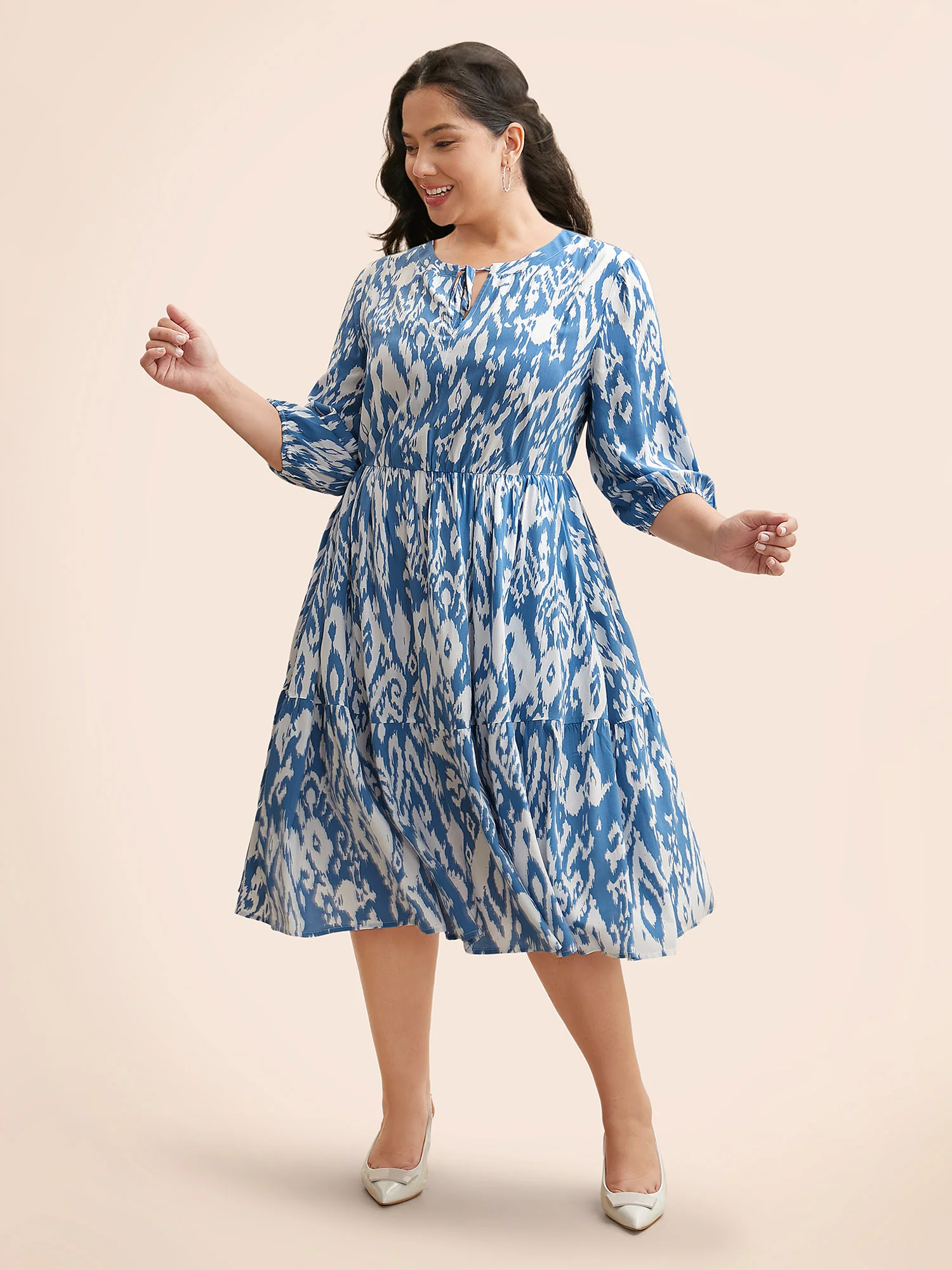Damask Print Tie Knot Puff Sleeve Dress - Image 34