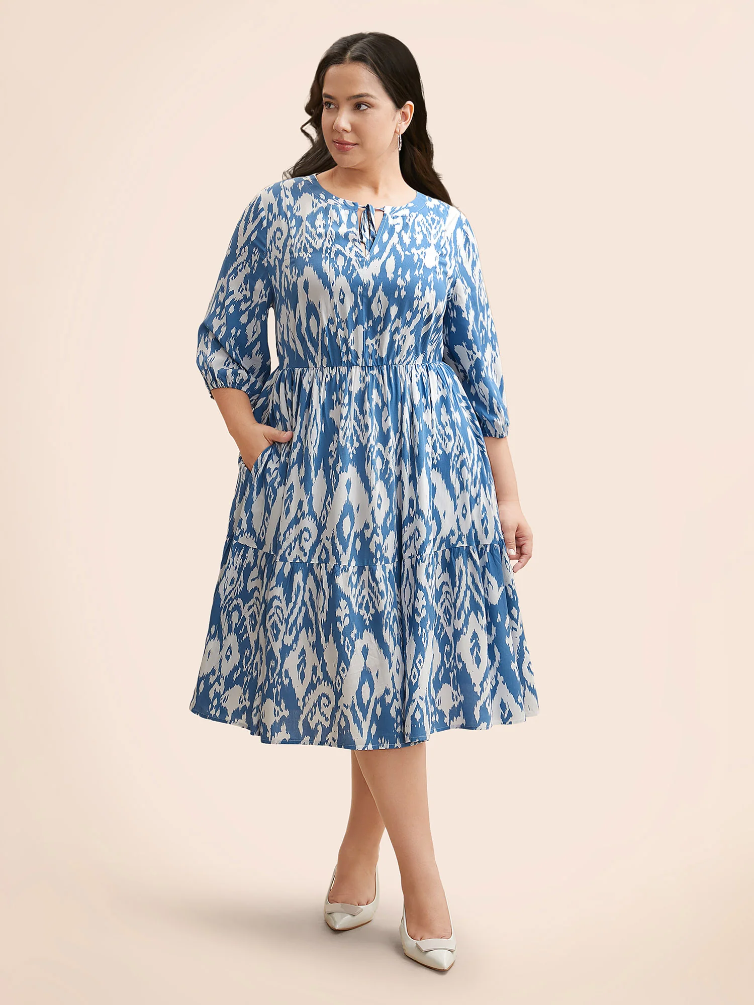 Damask Print Tie Knot Puff Sleeve Dress - Image 35