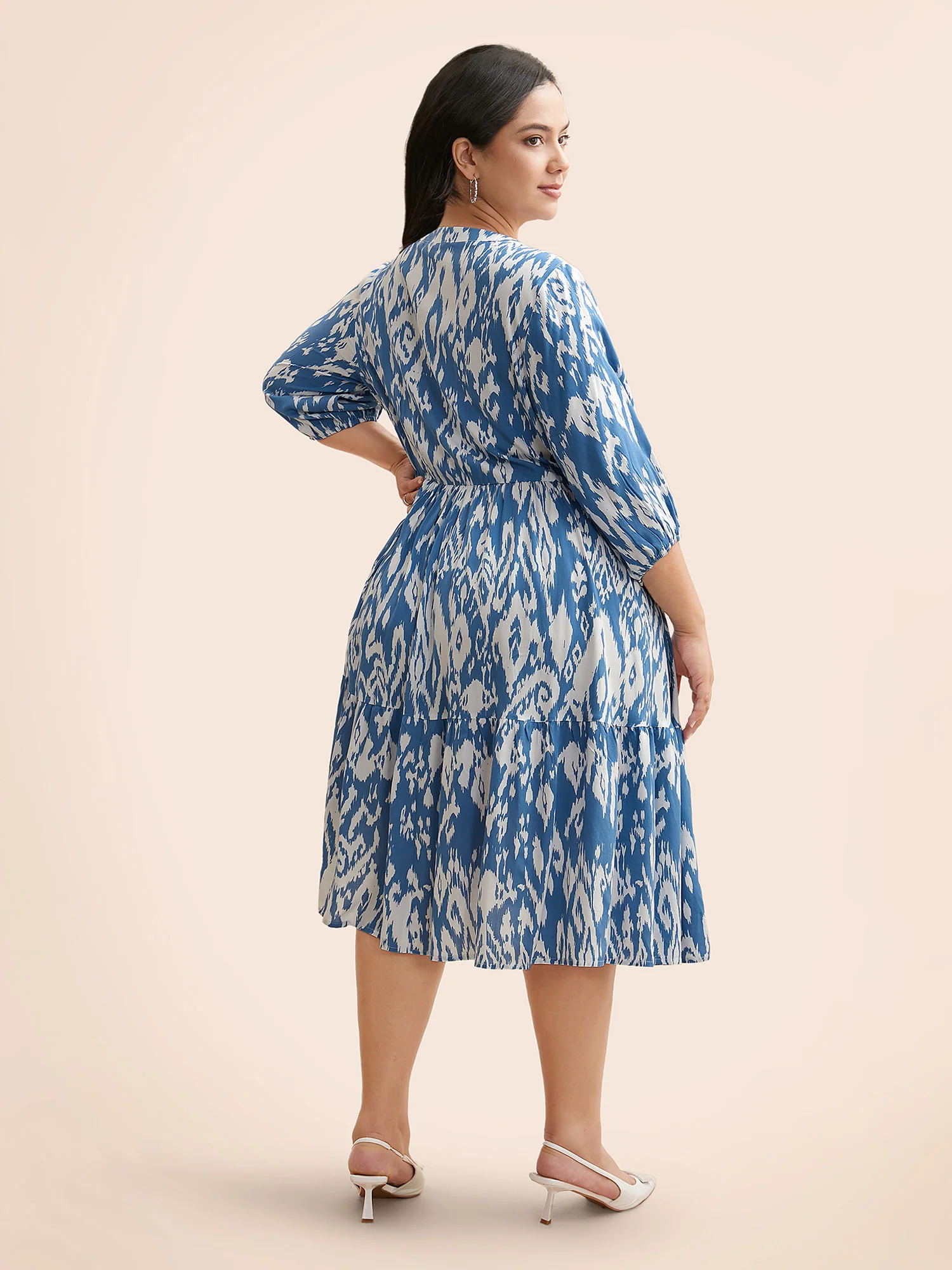 Damask Print Tie Knot Puff Sleeve Dress - Image 36