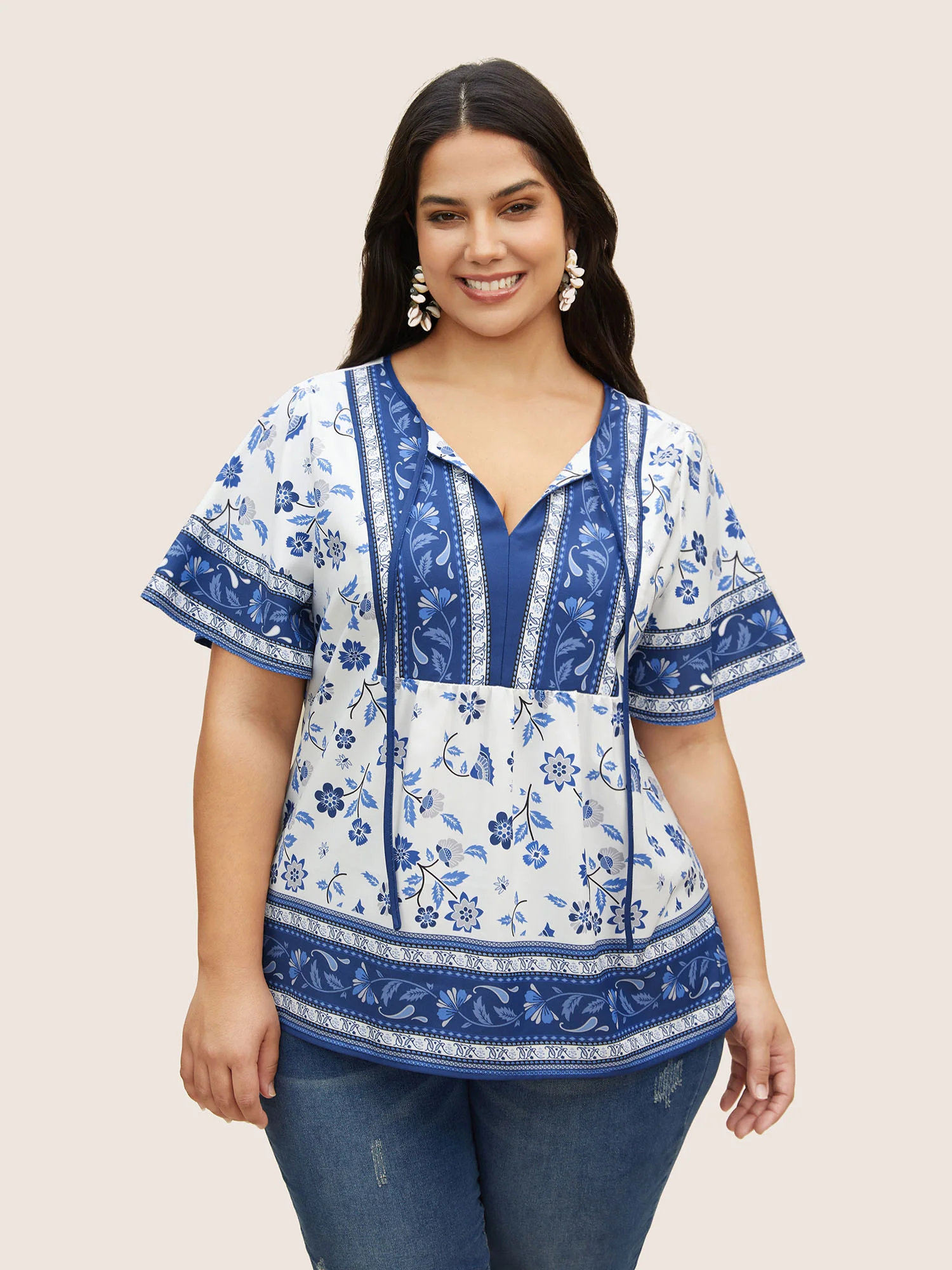 Boho Print Tie Knot Ruffle Sleeve Blouse