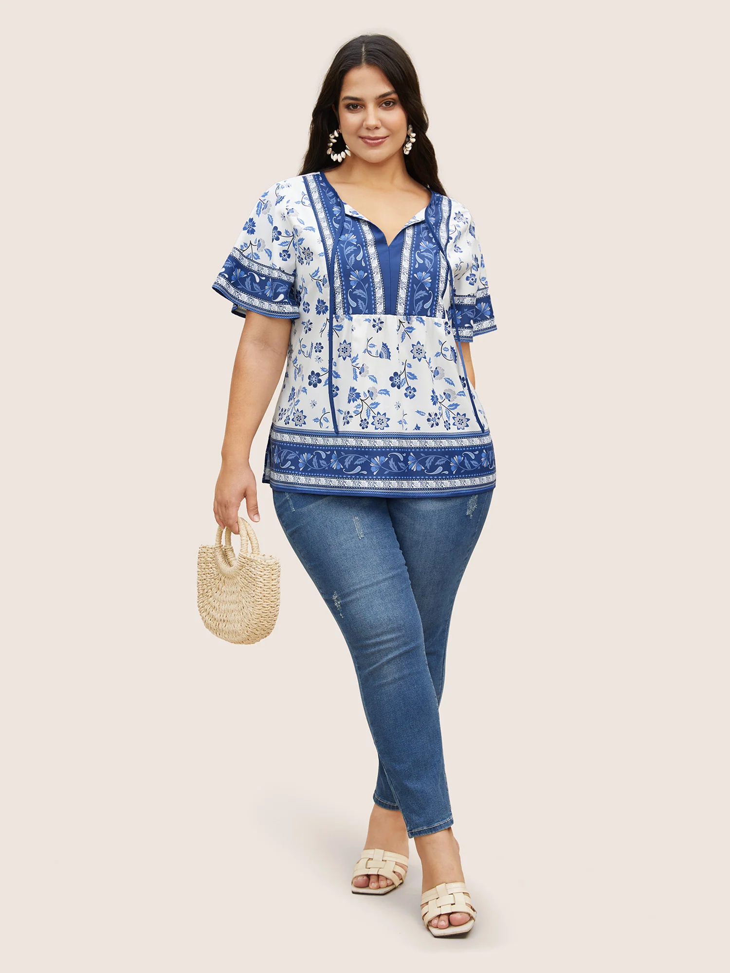 Boho Print Tie Knot Ruffle Sleeve Blouse - Image 2