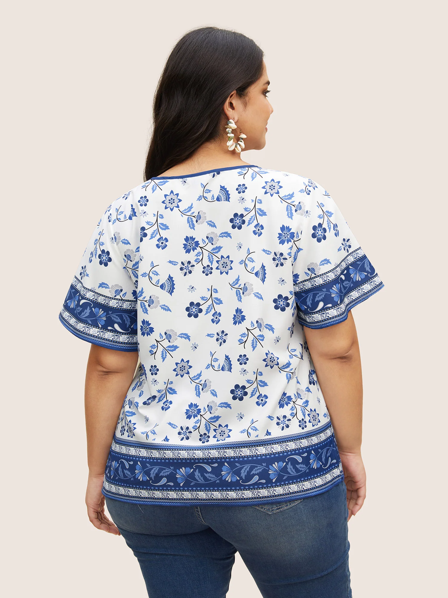 Boho Print Tie Knot Ruffle Sleeve Blouse - Image 3