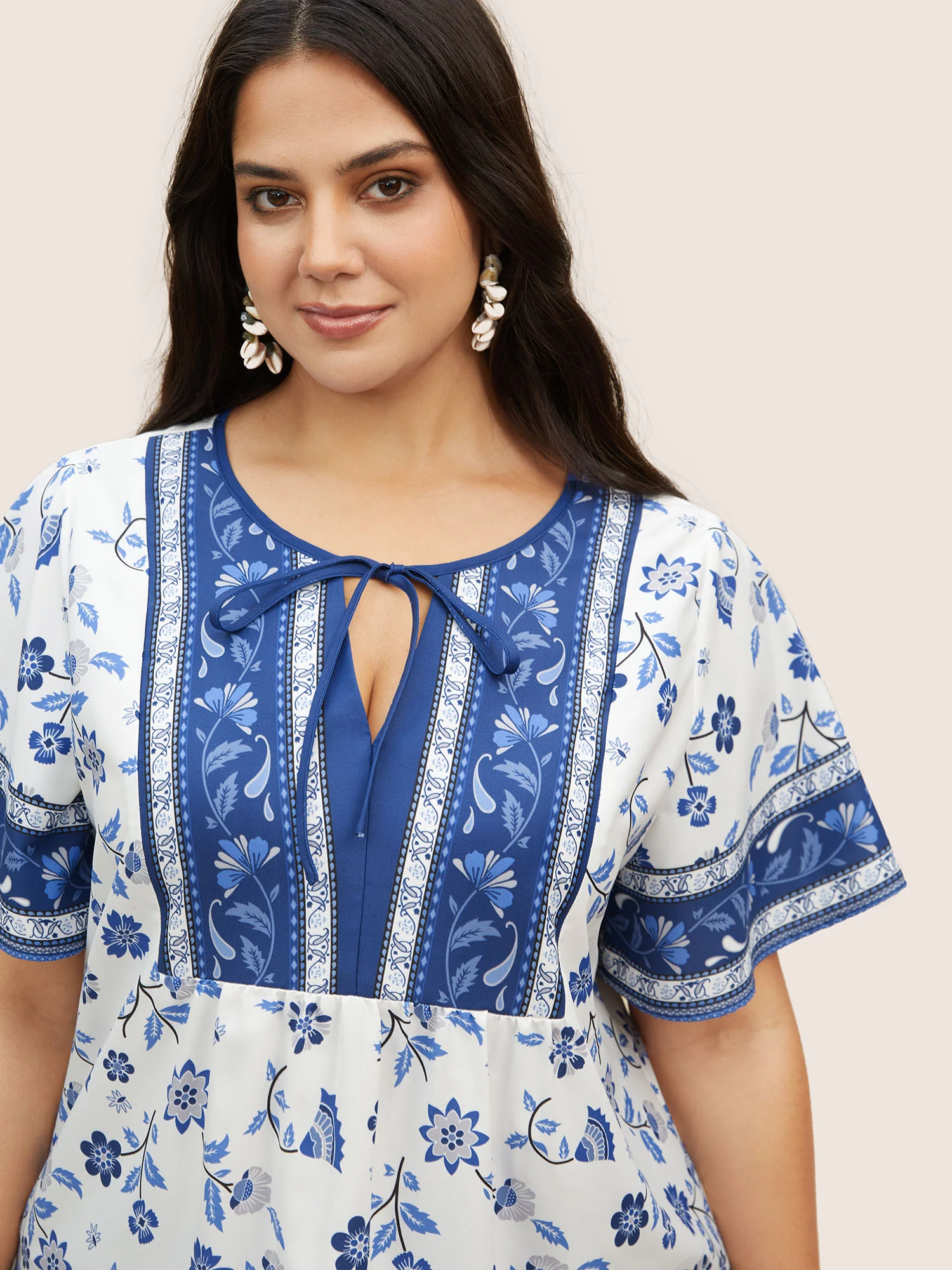 Boho Print Tie Knot Ruffle Sleeve Blouse - Image 4